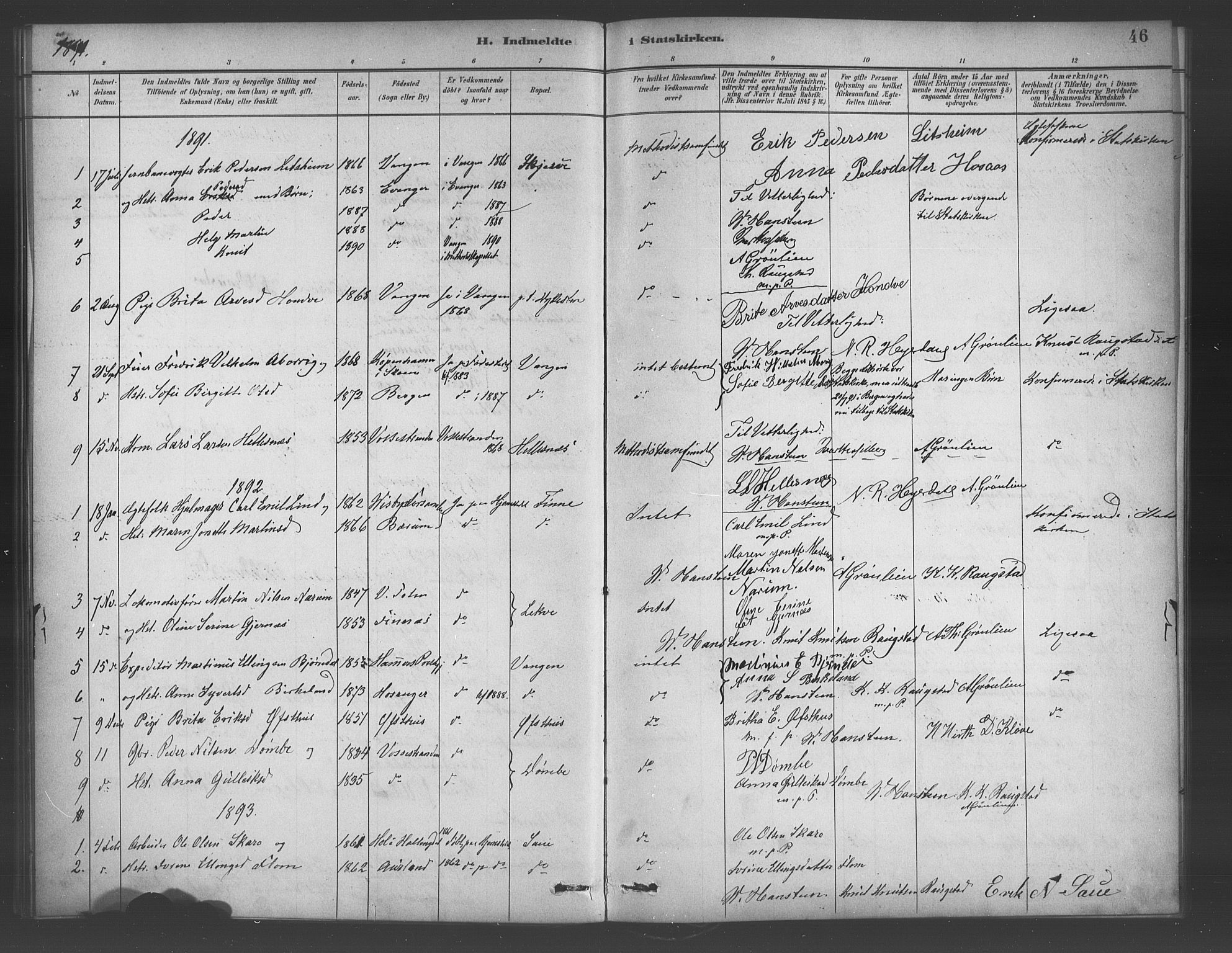 Voss sokneprestembete, AV/SAB-A-79001/H/Haa: Parish register (official) no. E 1, 1887-1928, p. 46