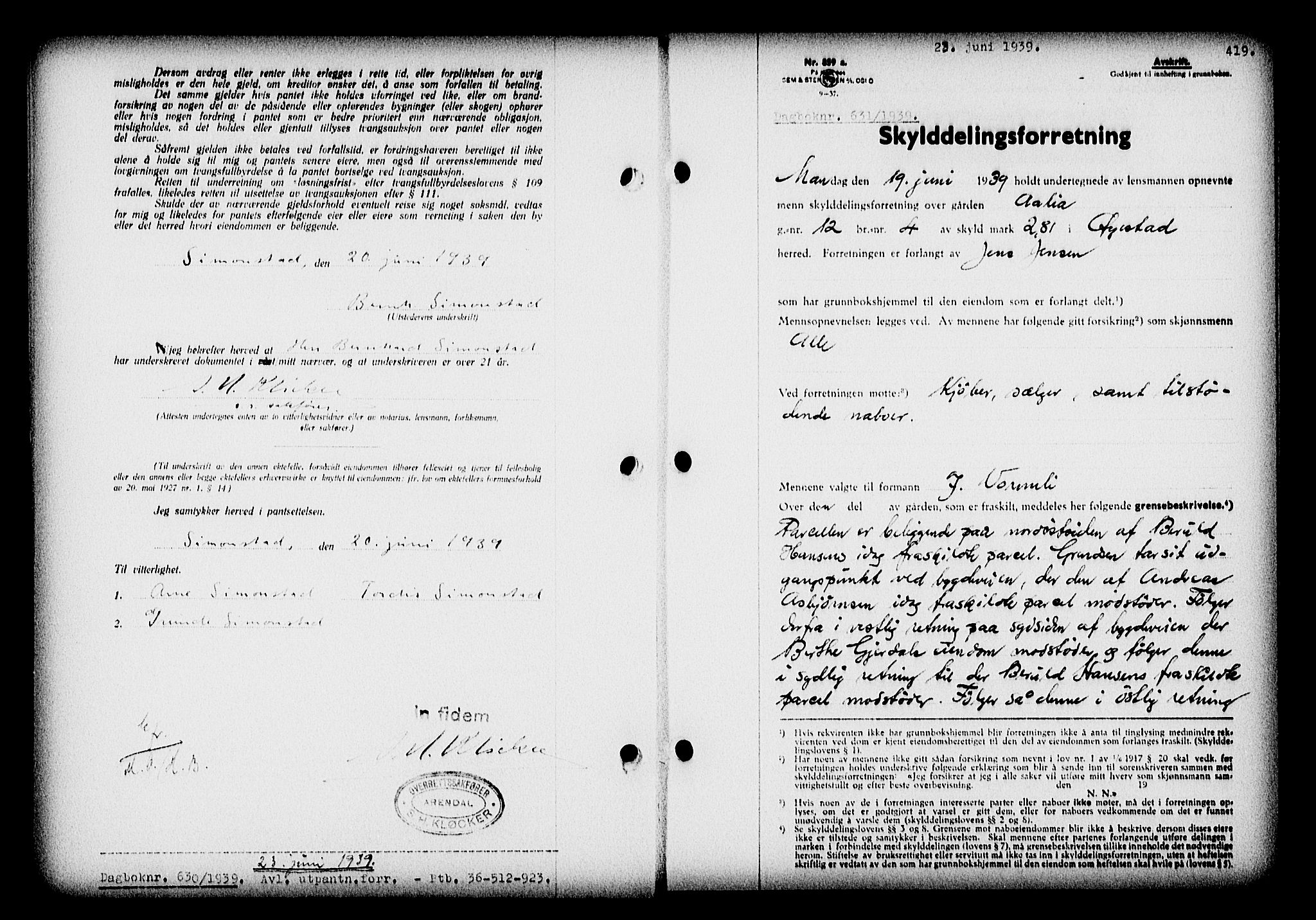 Nedenes sorenskriveri, SAK/1221-0006/G/Gb/Gba/L0046: Mortgage book no. 42, 1938-1939, Diary no: : 631/1939