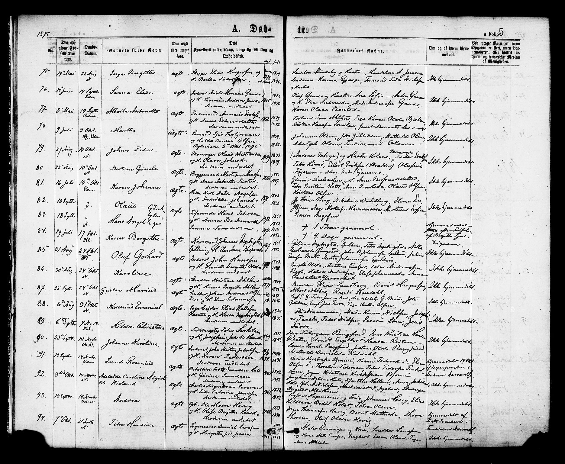 Ministerialprotokoller, klokkerbøker og fødselsregistre - Nord-Trøndelag, SAT/A-1458/768/L0572: Parish register (official) no. 768A07, 1874-1886, p. 5
