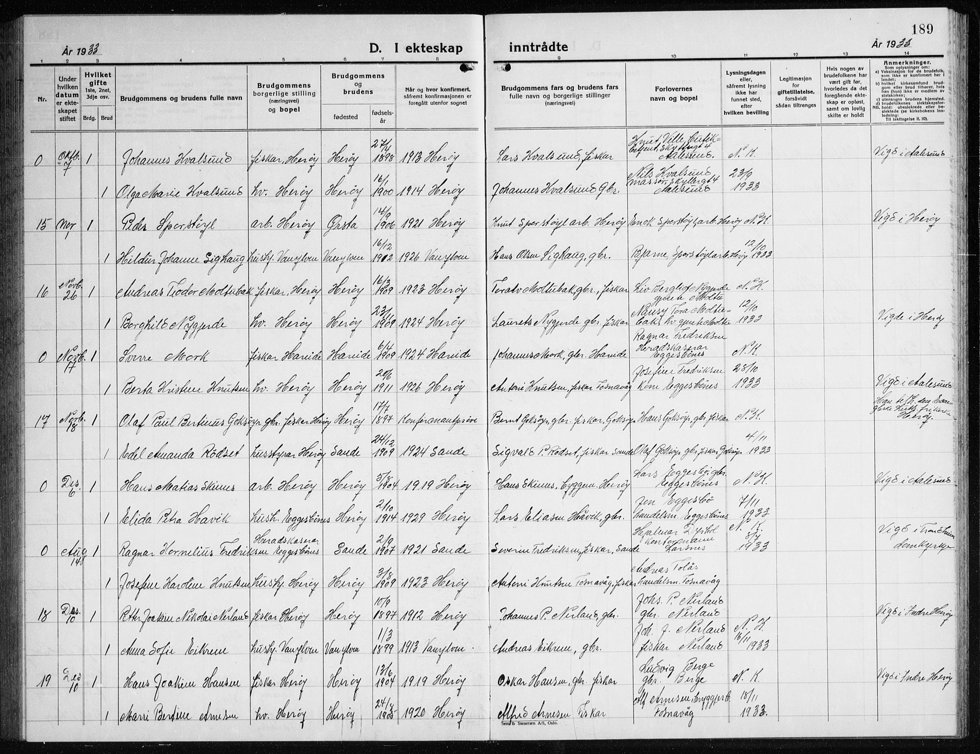 Ministerialprotokoller, klokkerbøker og fødselsregistre - Møre og Romsdal, SAT/A-1454/507/L0085: Parish register (copy) no. 507C08, 1933-1944, p. 189