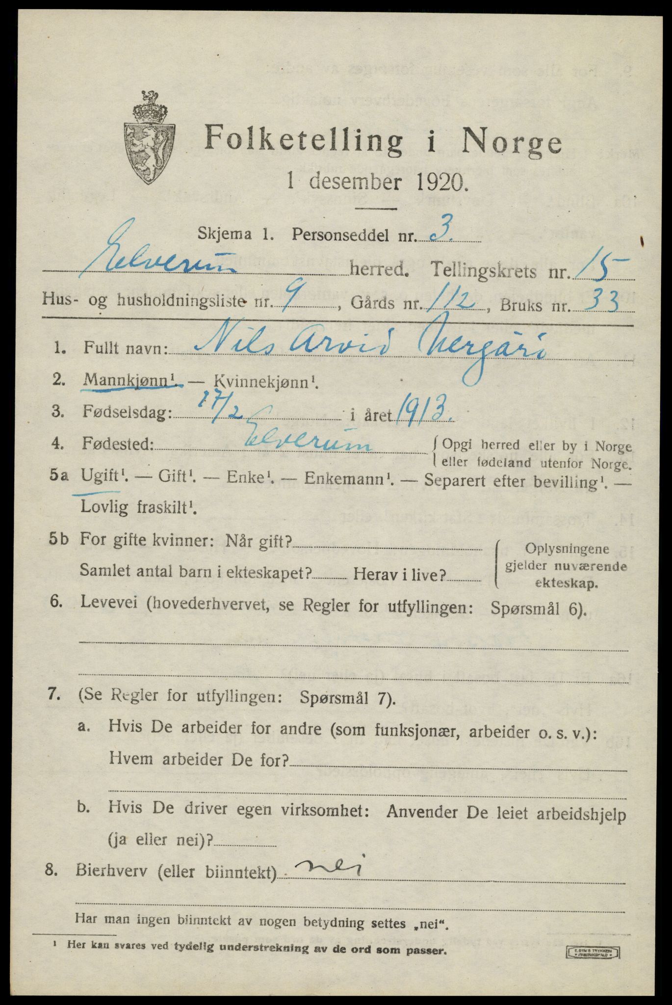 SAH, 1920 census for Elverum, 1920, p. 19356