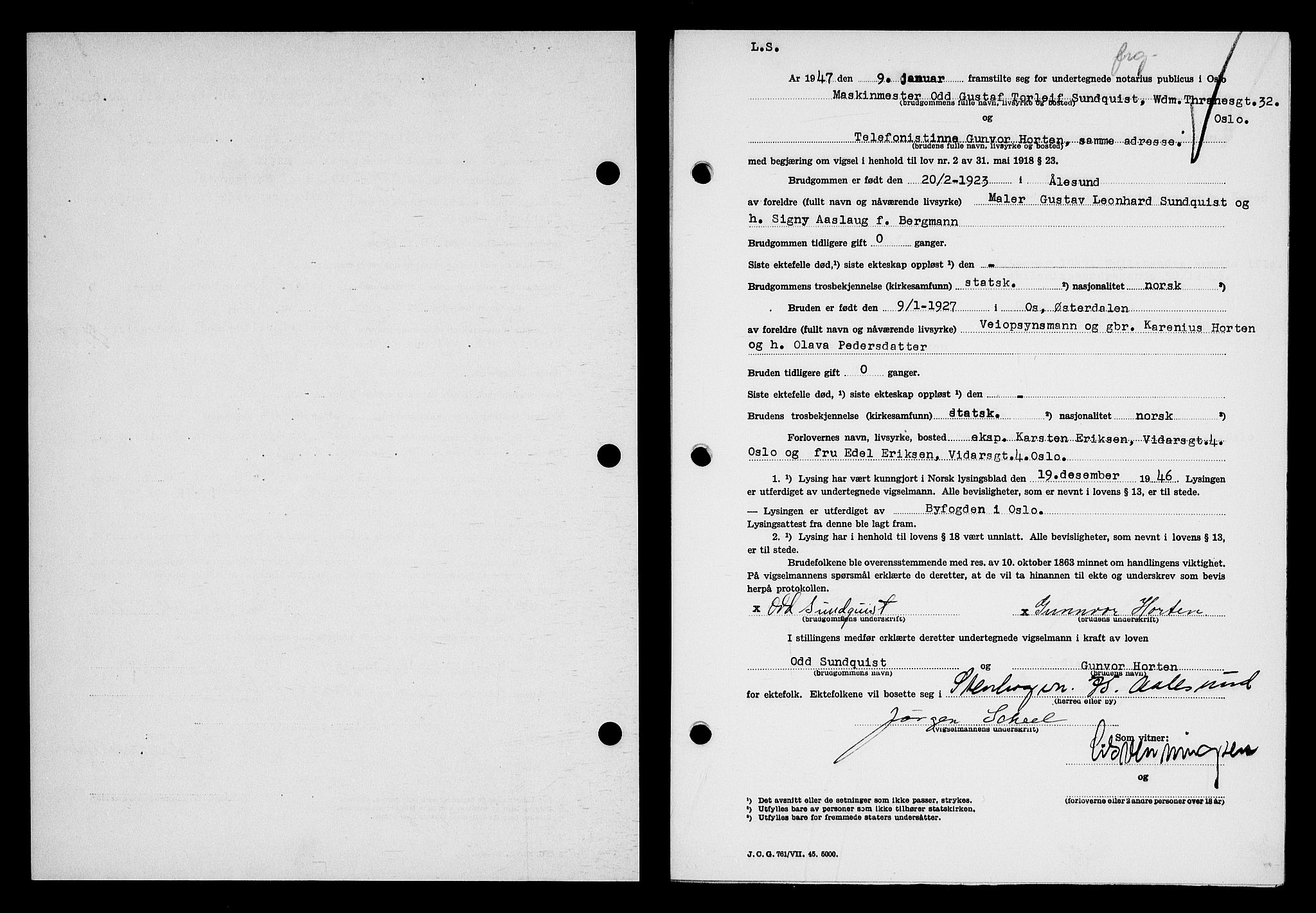 Oslo byfogd avd. I, SAO/A-10220/L/Lb/Lbb/L0058: Notarialprotokoll, rekke II: Vigsler, 1946-1947