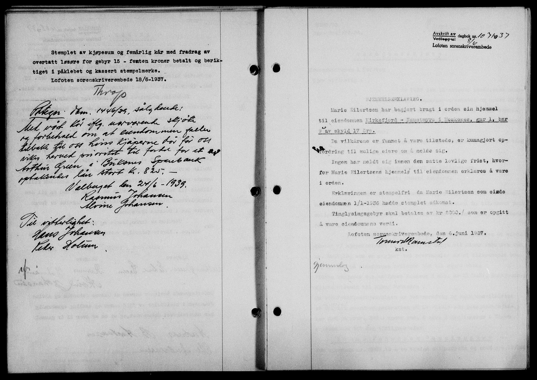 Lofoten sorenskriveri, SAT/A-0017/1/2/2C/L0002a: Mortgage book no. 2a, 1937-1937, Diary no: : 1071/1937