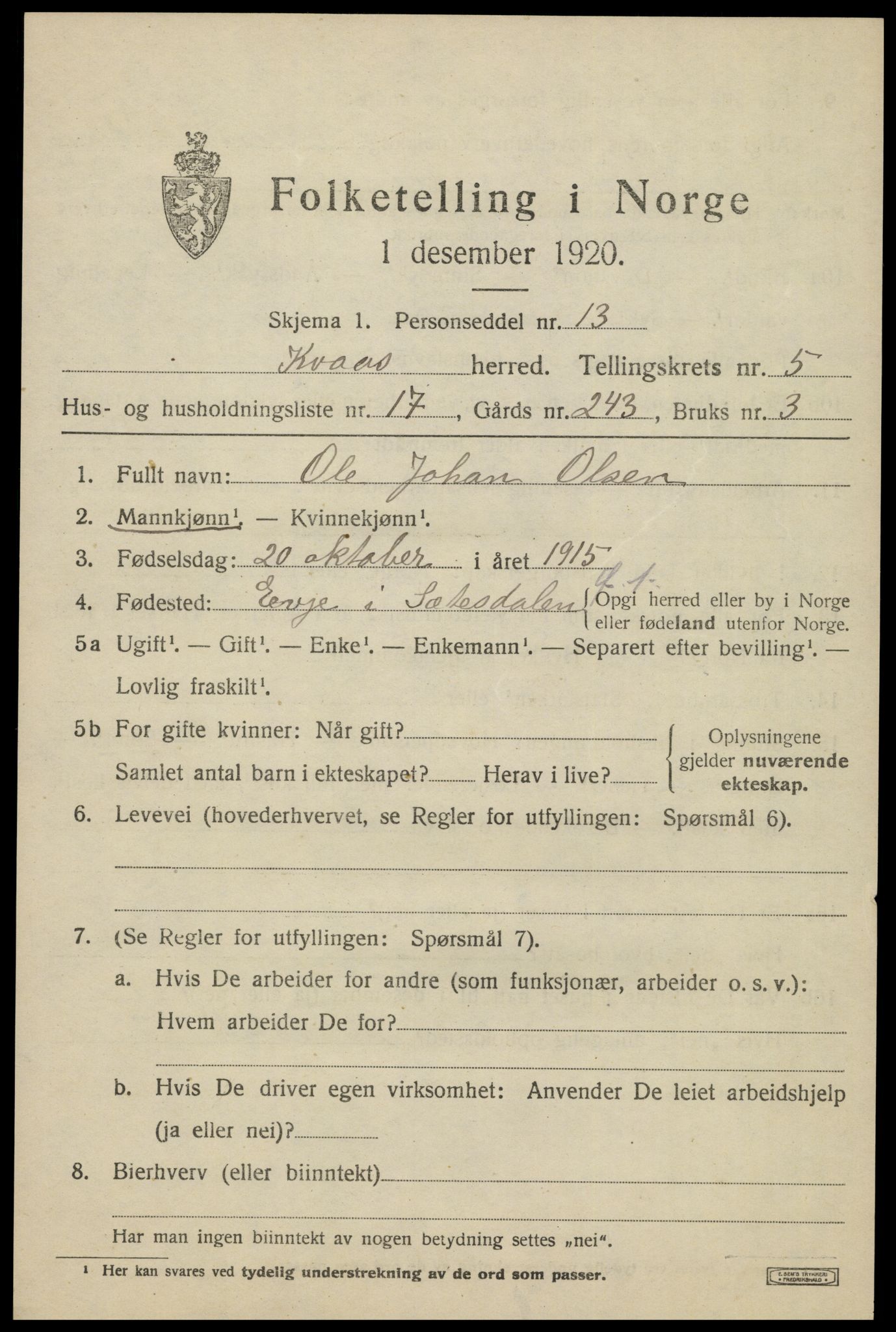 SAK, 1920 census for Kvås, 1920, p. 1496