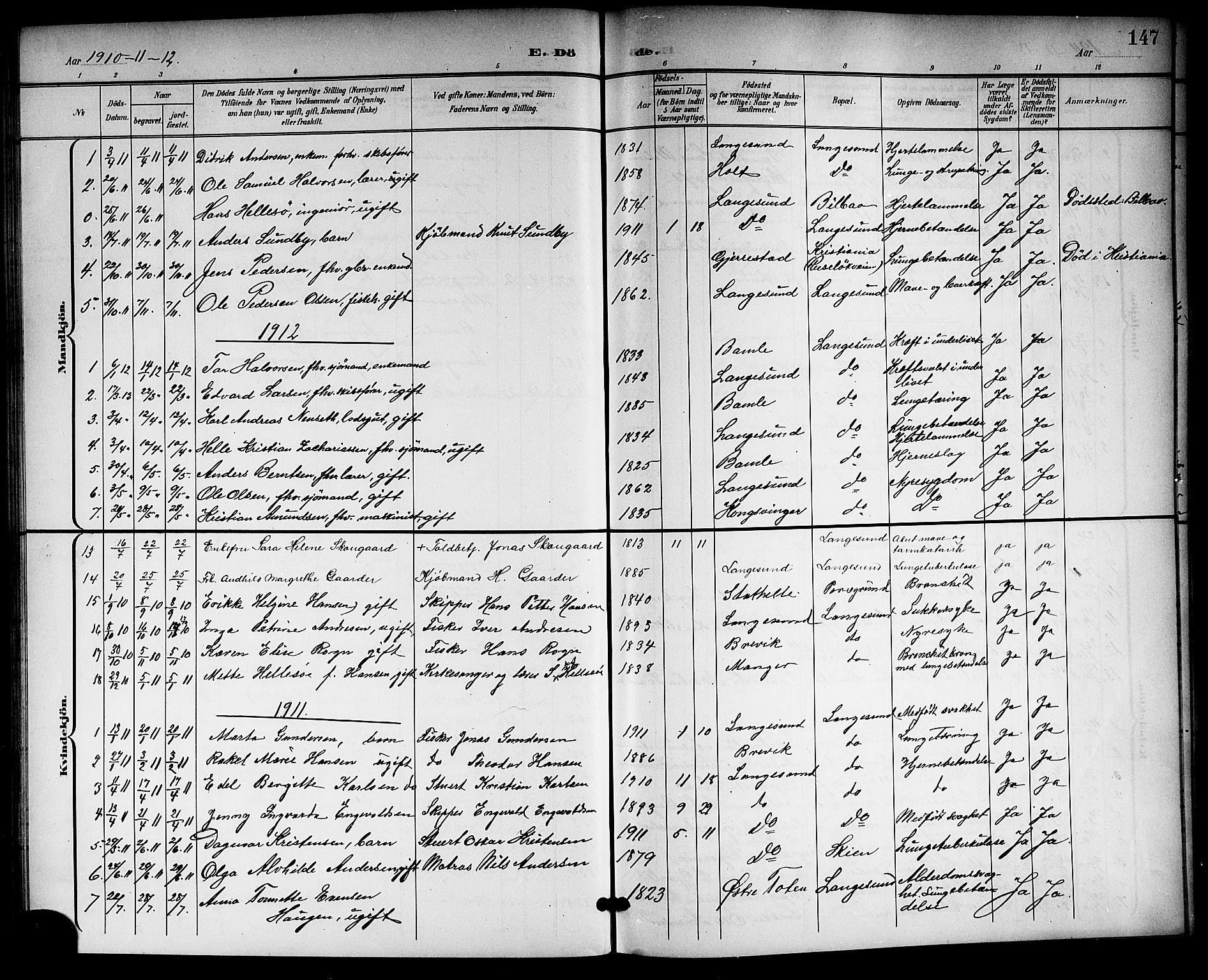 Langesund kirkebøker, SAKO/A-280/G/Ga/L0006: Parish register (copy) no. 6, 1899-1918, p. 147