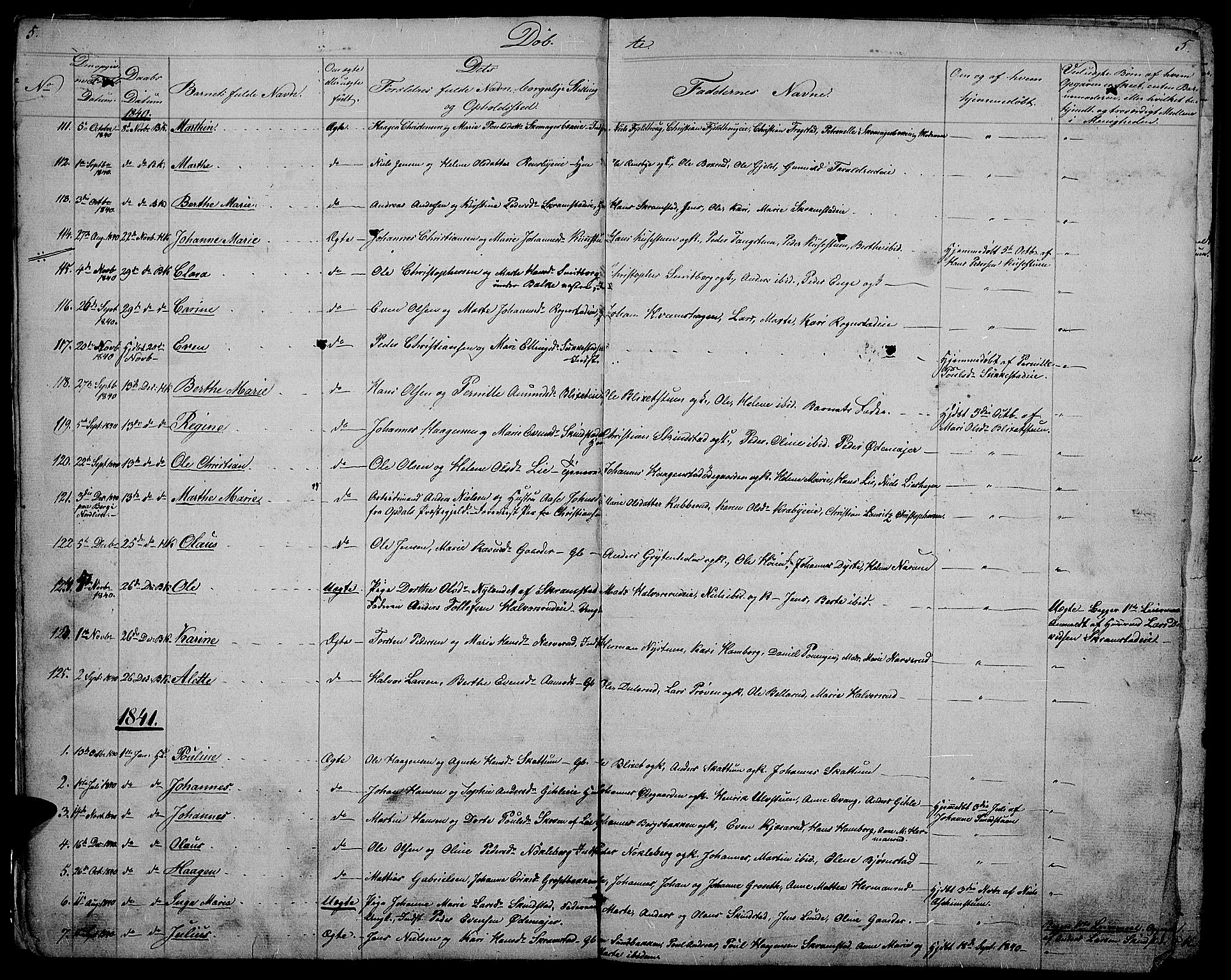 Østre Toten prestekontor, SAH/PREST-104/H/Ha/Hab/L0002: Parish register (copy) no. 2, 1840-1847, p. 5