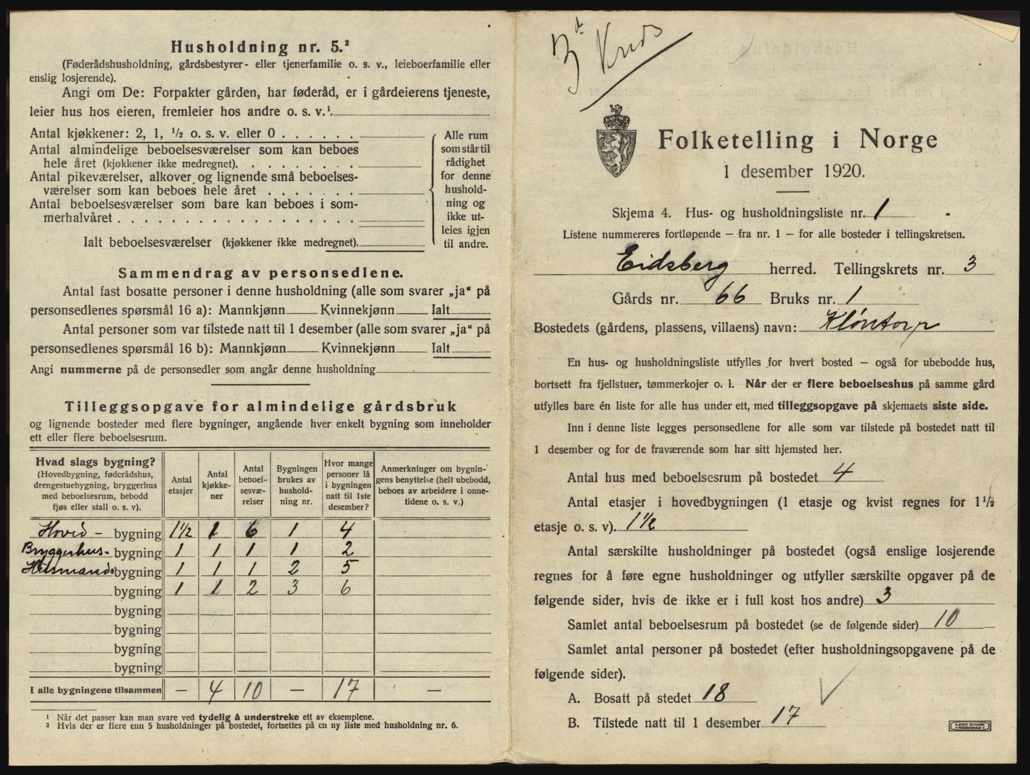 SAO, 1920 census for Eidsberg, 1920, p. 411