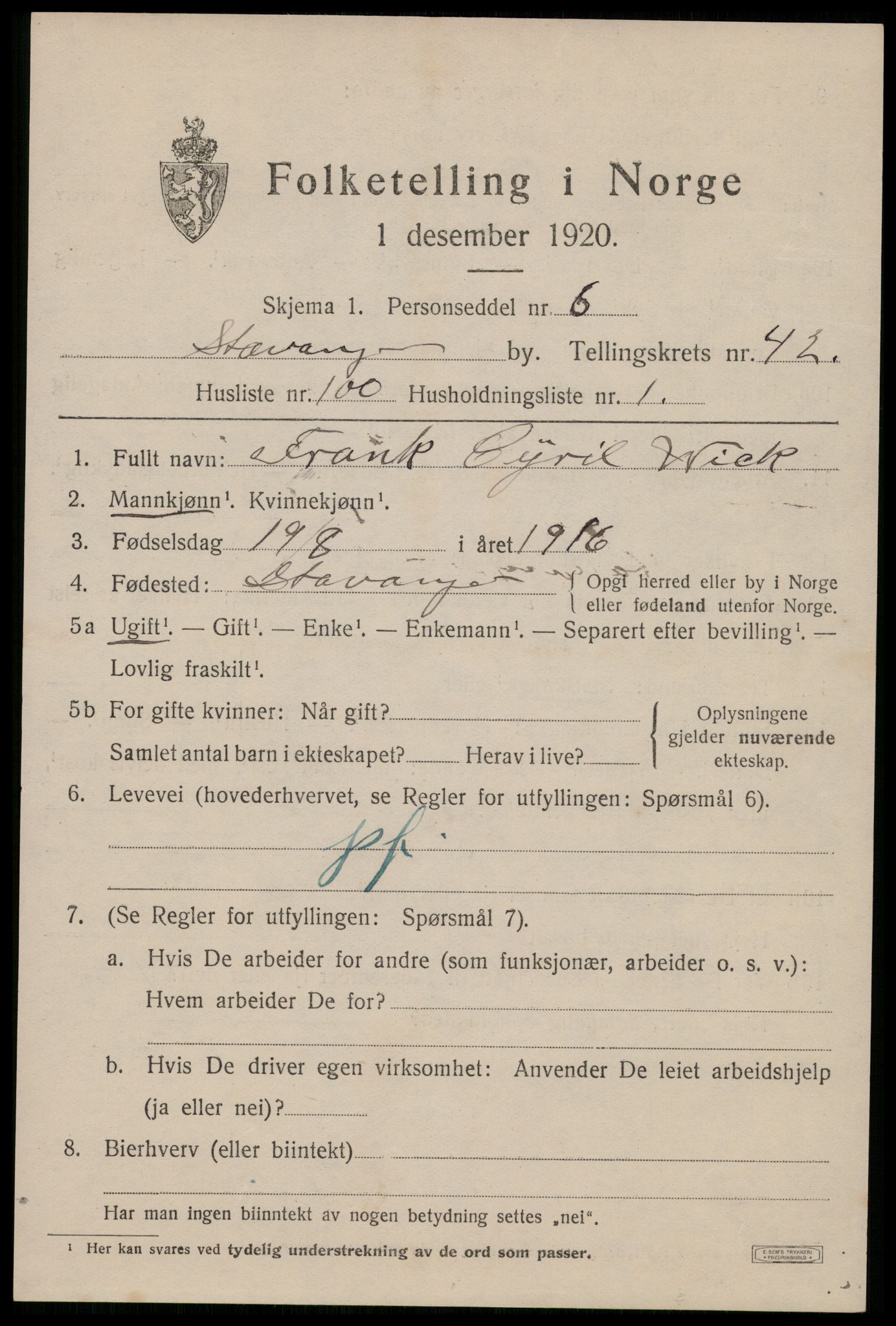 SAST, 1920 census for Stavanger, 1920, p. 106806