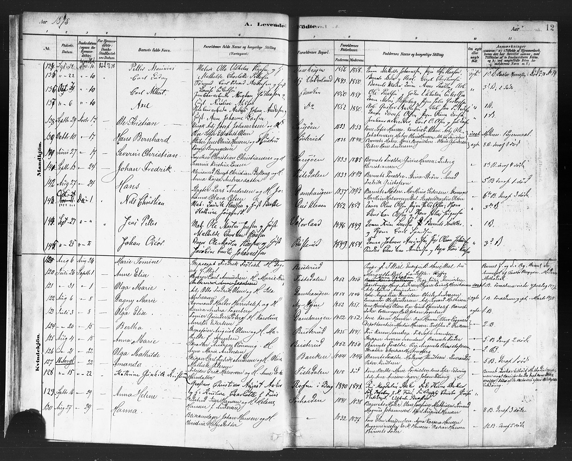 Halden prestekontor Kirkebøker, AV/SAO-A-10909/F/Fa/L0011: Parish register (official) no. I 11, 1878-1889, p. 12