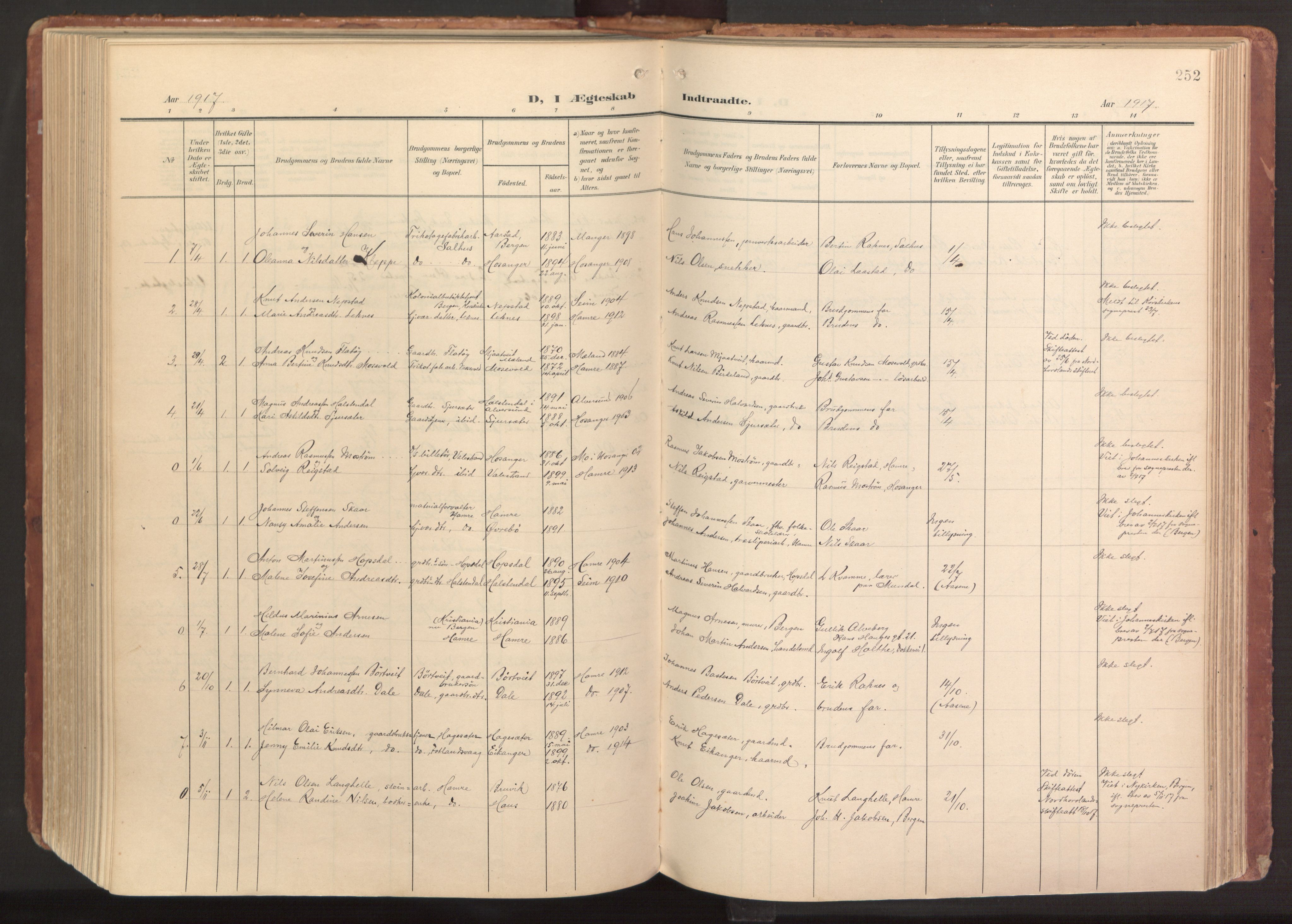 Hamre sokneprestembete, AV/SAB-A-75501/H/Ha/Haa/Haab/L0002: Parish register (official) no. B 2, 1905-1924, p. 252