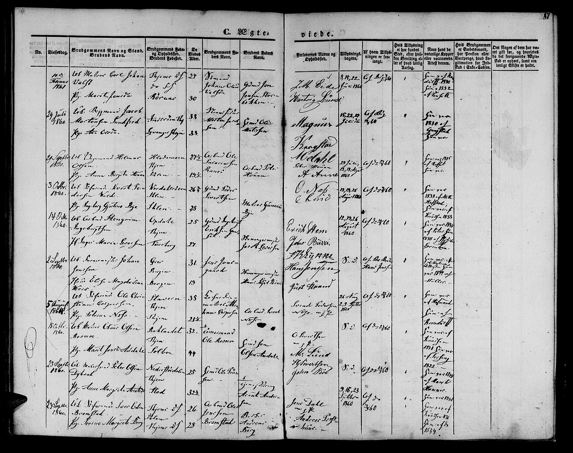 Ministerialprotokoller, klokkerbøker og fødselsregistre - Sør-Trøndelag, SAT/A-1456/602/L0111: Parish register (official) no. 602A09, 1844-1867, p. 87
