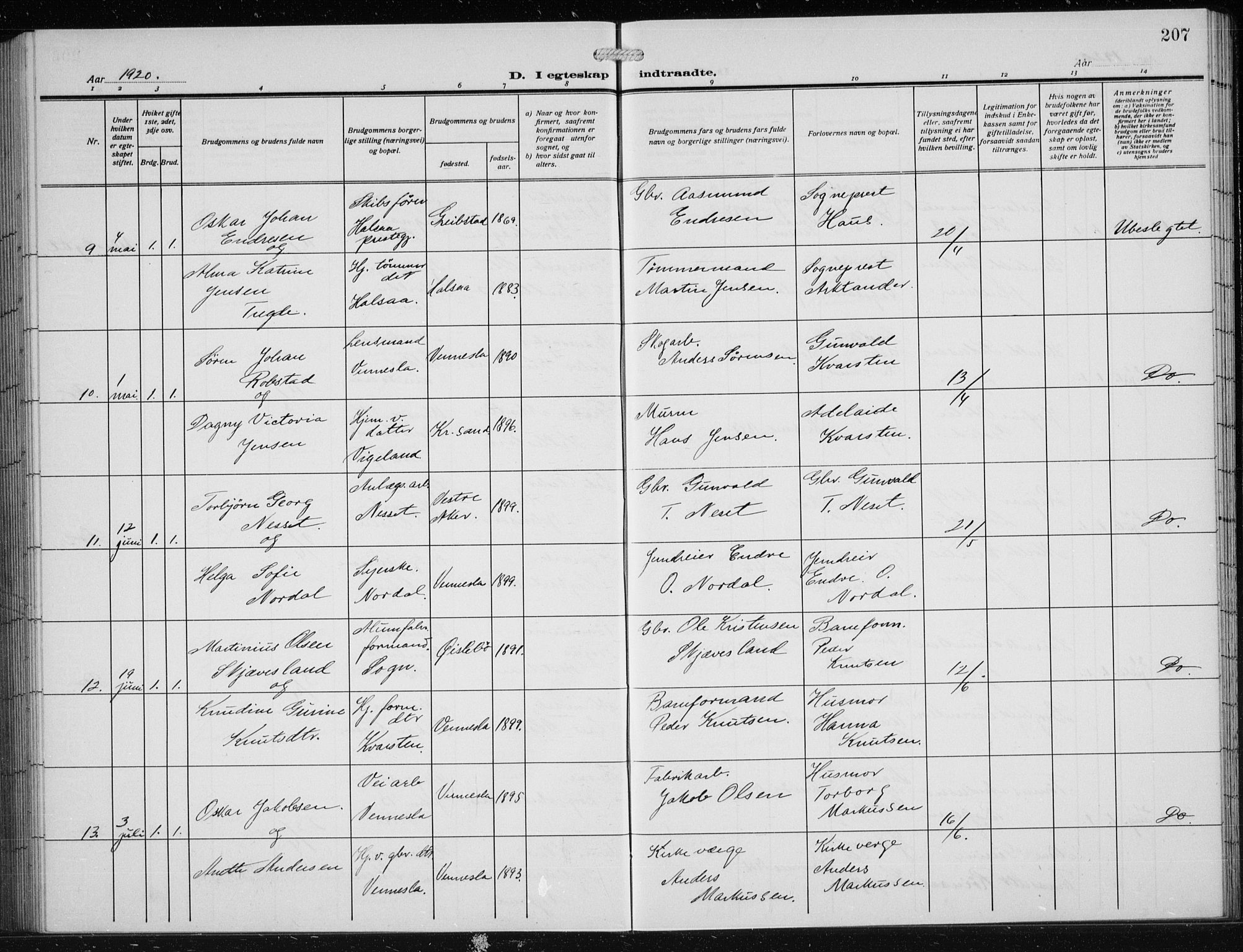 Vennesla sokneprestkontor, SAK/1111-0045/Fb/Fbb/L0006: Parish register (copy) no. B 6, 1914-1921, p. 207