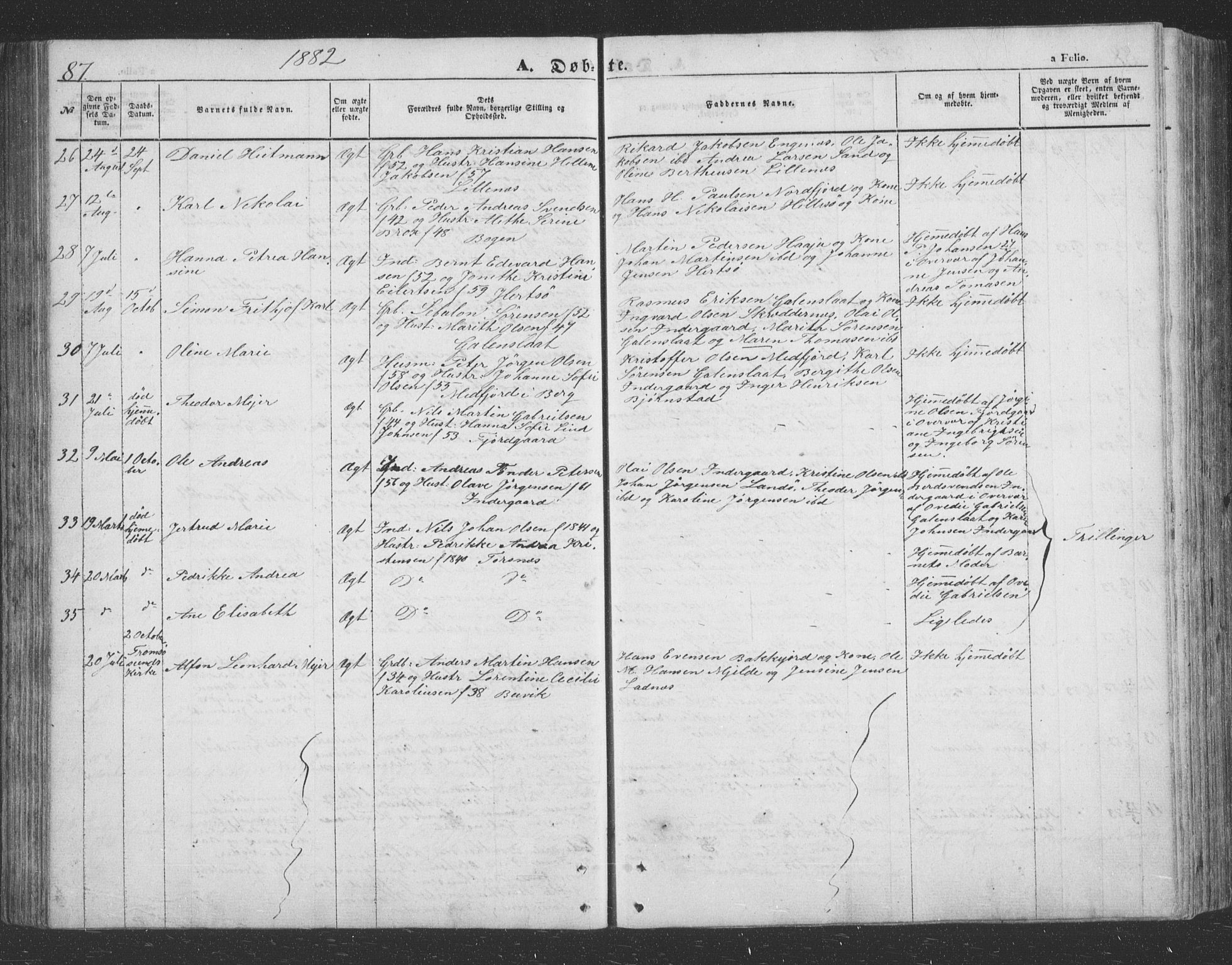 Lenvik sokneprestembete, SATØ/S-1310/H/Ha/Hab/L0020klokker: Parish register (copy) no. 20, 1855-1883, p. 87