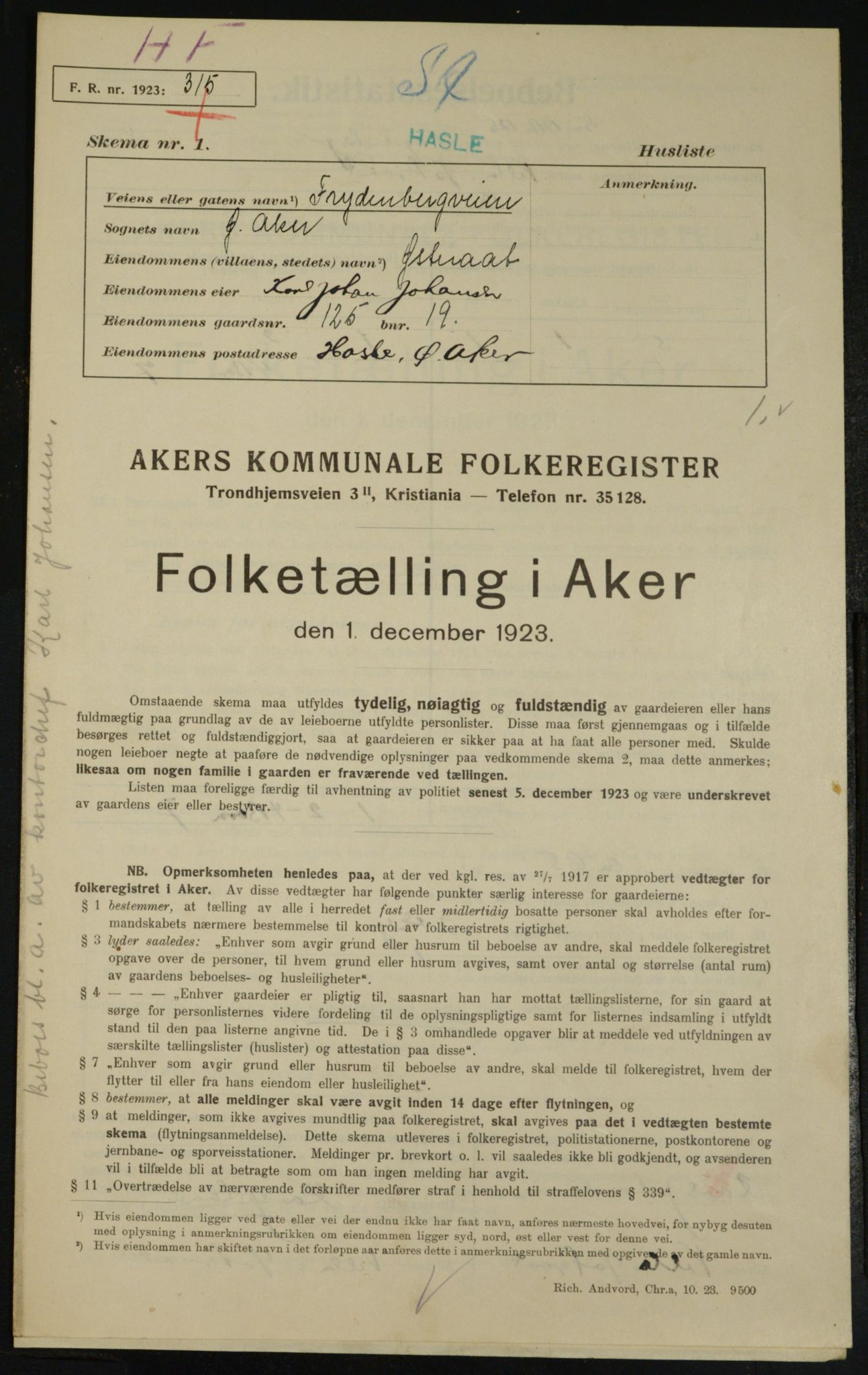 , Municipal Census 1923 for Aker, 1923, p. 24265