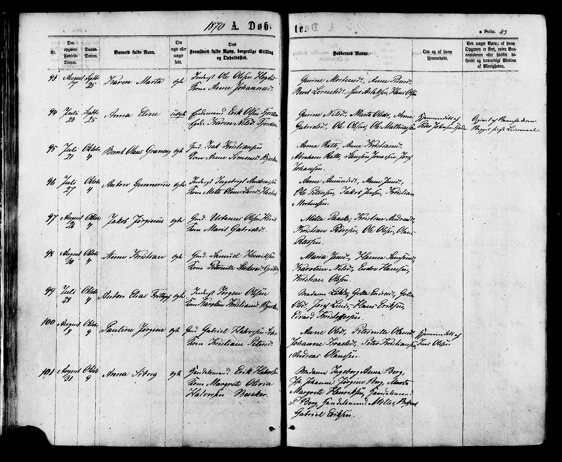 Ministerialprotokoller, klokkerbøker og fødselsregistre - Sør-Trøndelag, AV/SAT-A-1456/657/L0706: Parish register (official) no. 657A07, 1867-1878, p. 43