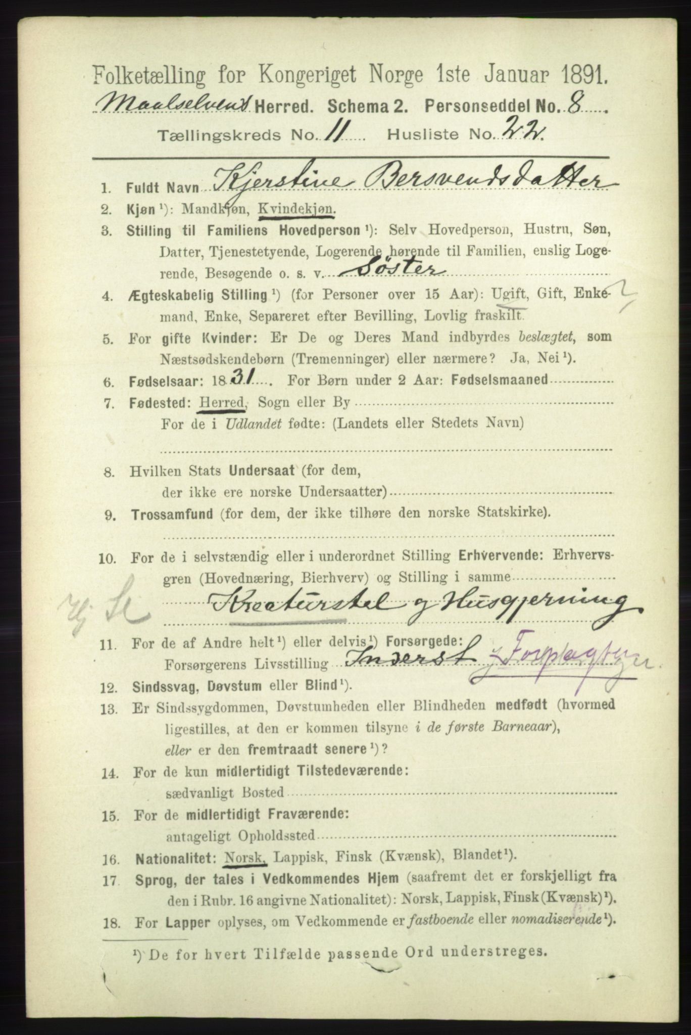 RA, 1891 census for 1924 Målselv, 1891, p. 3420