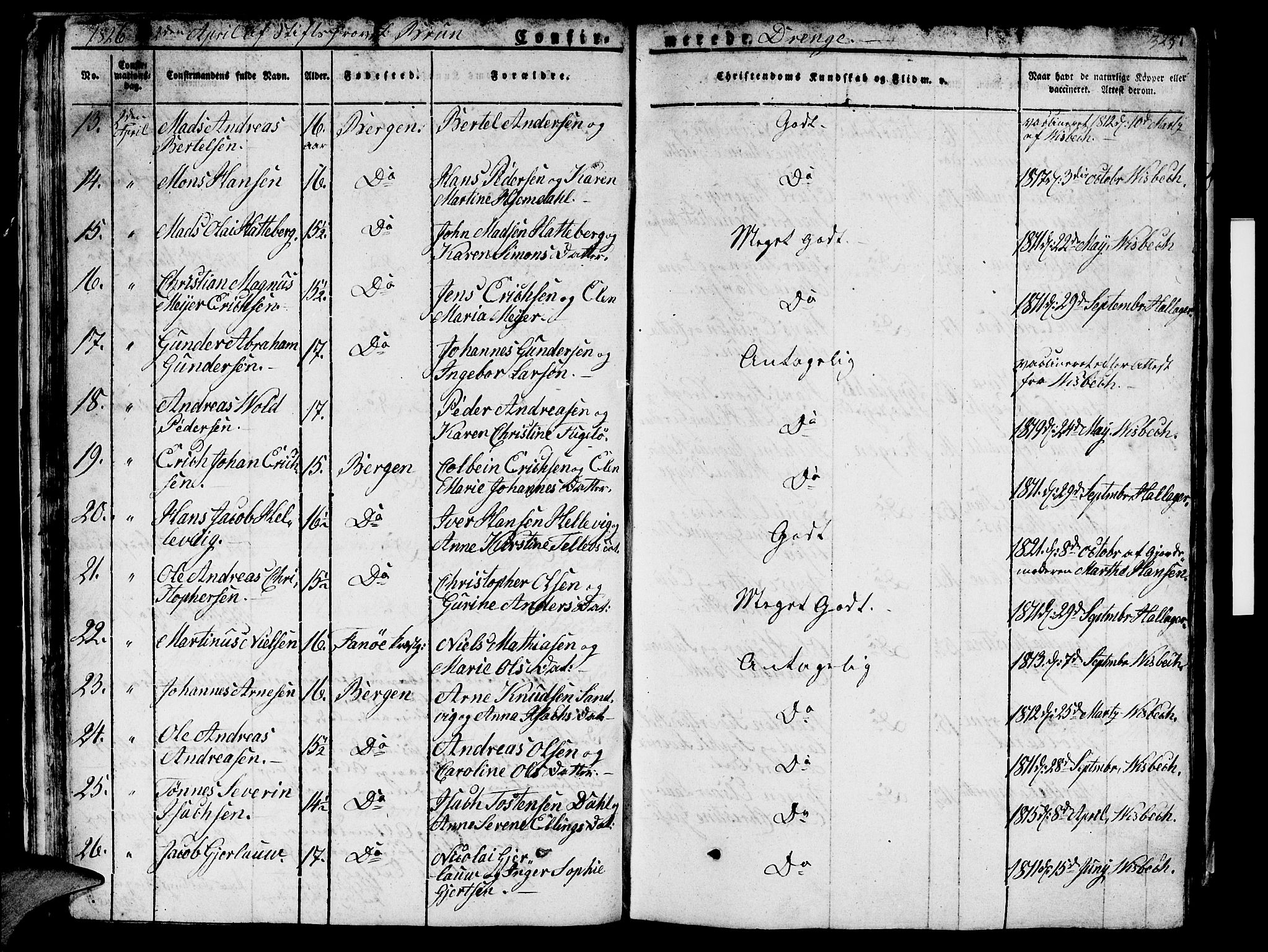 Domkirken sokneprestembete, AV/SAB-A-74801/H/Hab/L0002: Parish register (copy) no. A 2, 1821-1839, p. 326