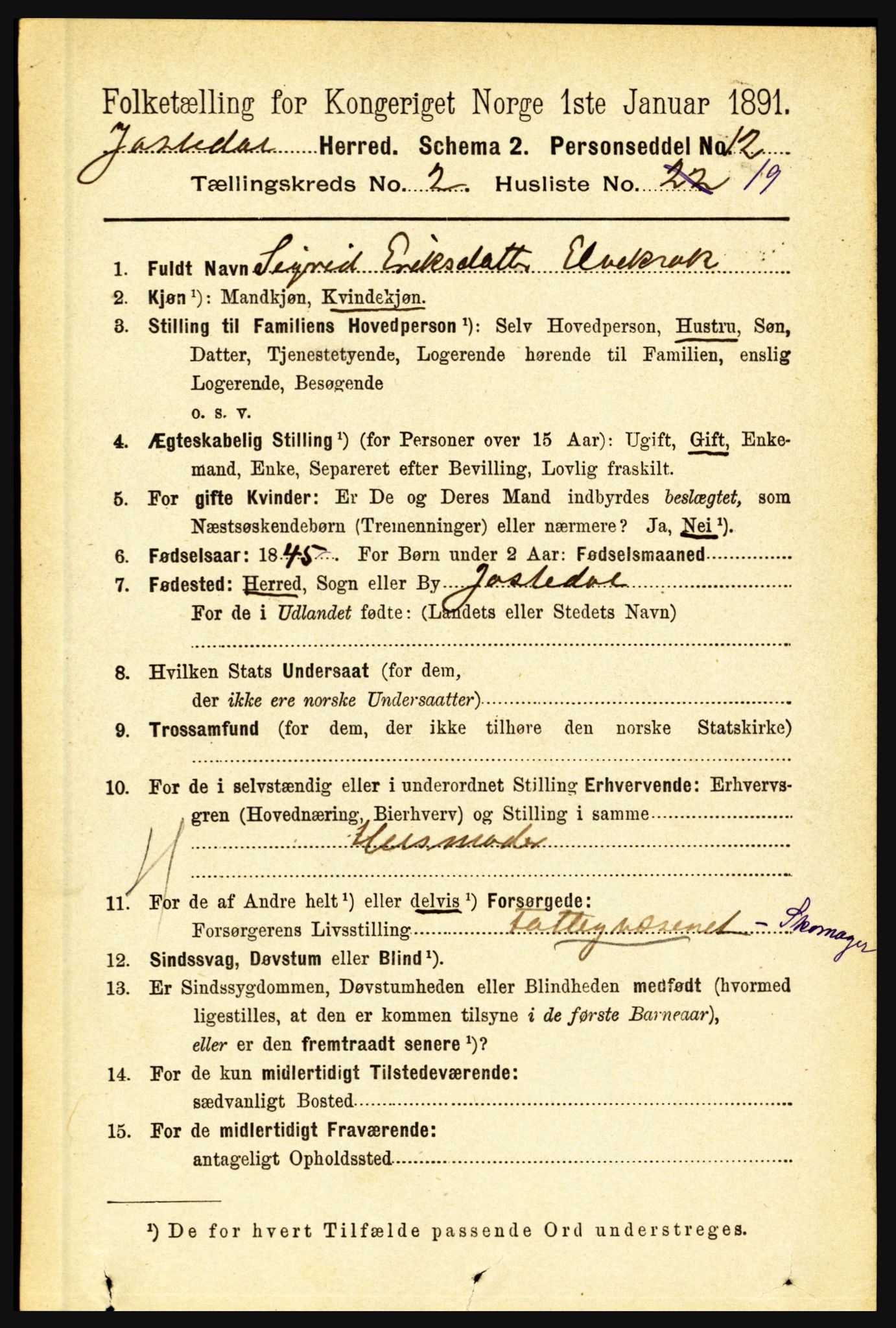 RA, 1891 census for 1427 Jostedal, 1891, p. 650