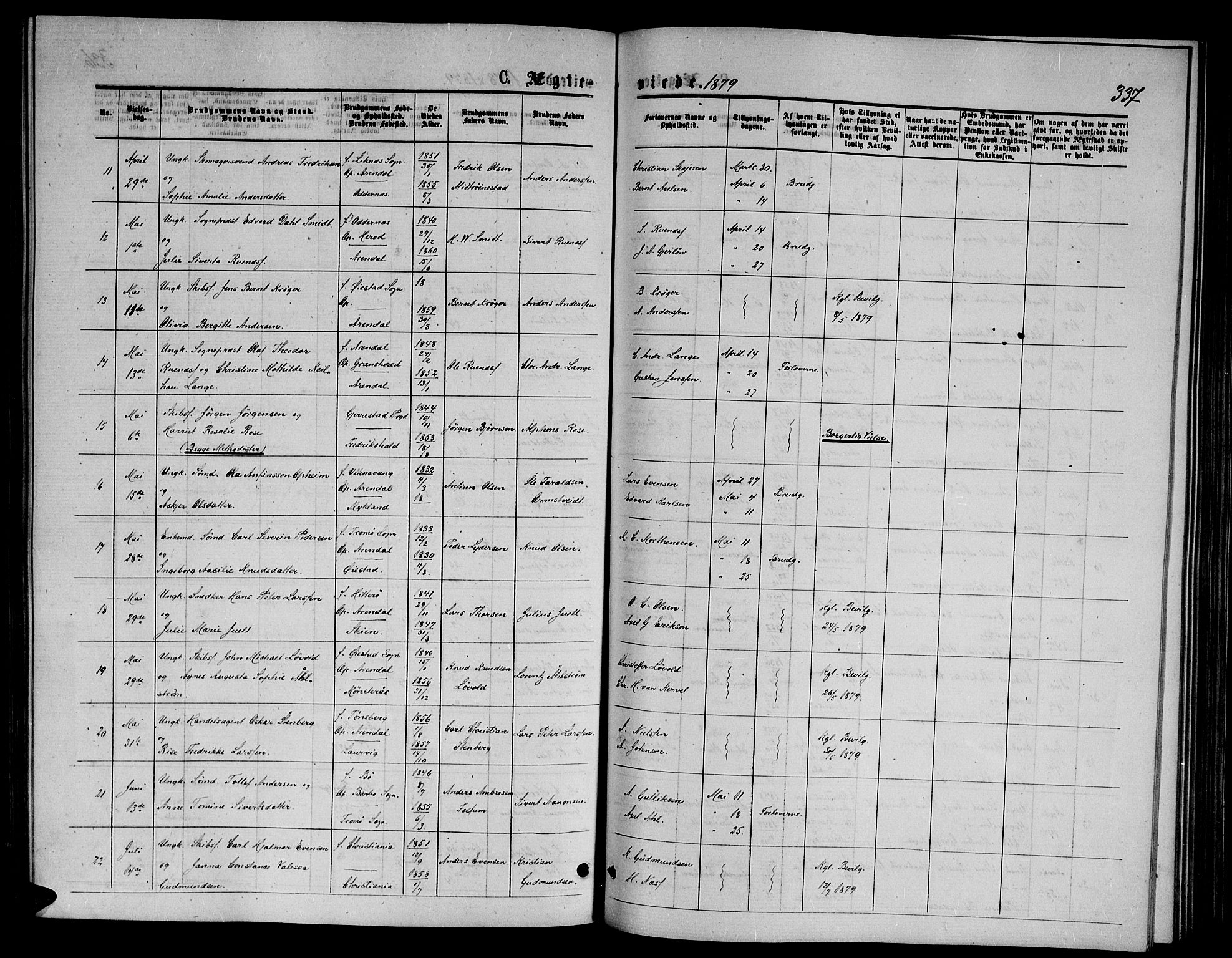 Arendal sokneprestkontor, Trefoldighet, AV/SAK-1111-0040/F/Fb/L0005: Parish register (copy) no. B 5, 1874-1888, p. 337