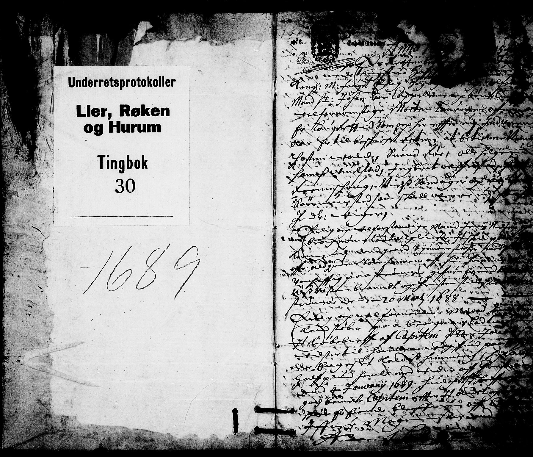 Lier, Røyken og Hurum sorenskriveri, AV/SAKO-A-89/F/Fa/L0030: Tingbok, 1689, p. 1
