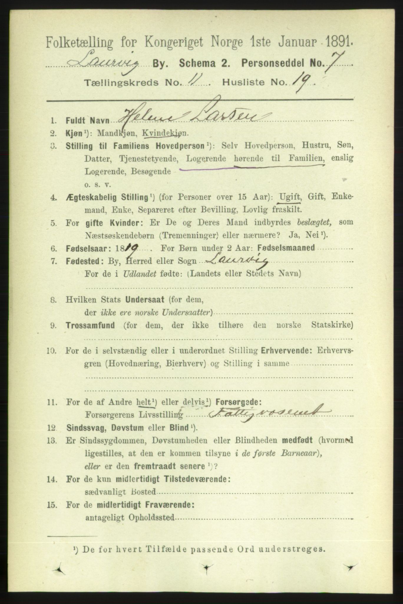 RA, 1891 census for 0707 Larvik, 1891, p. 9826