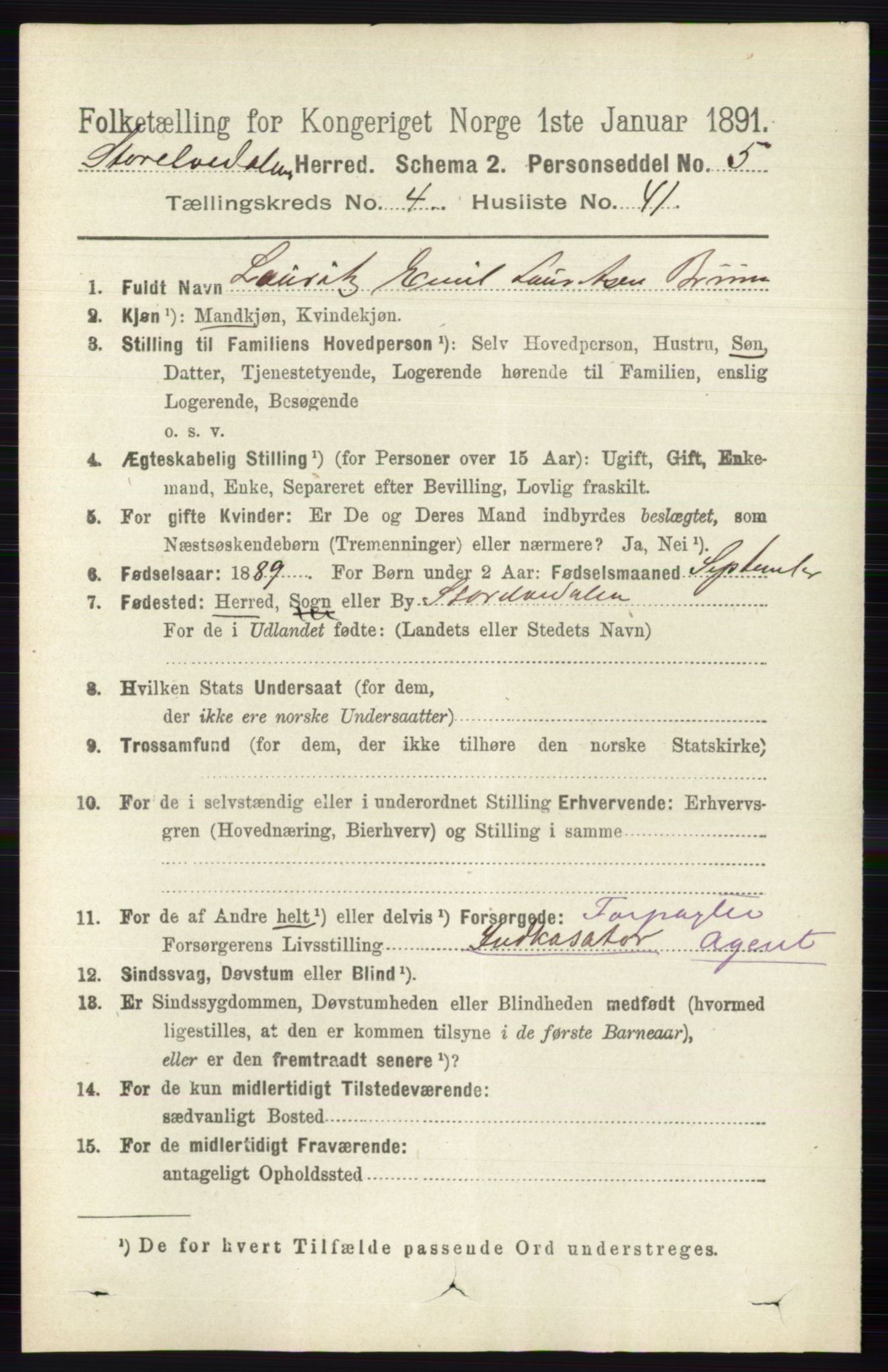 RA, 1891 census for 0430 Stor-Elvdal, 1891, p. 1661