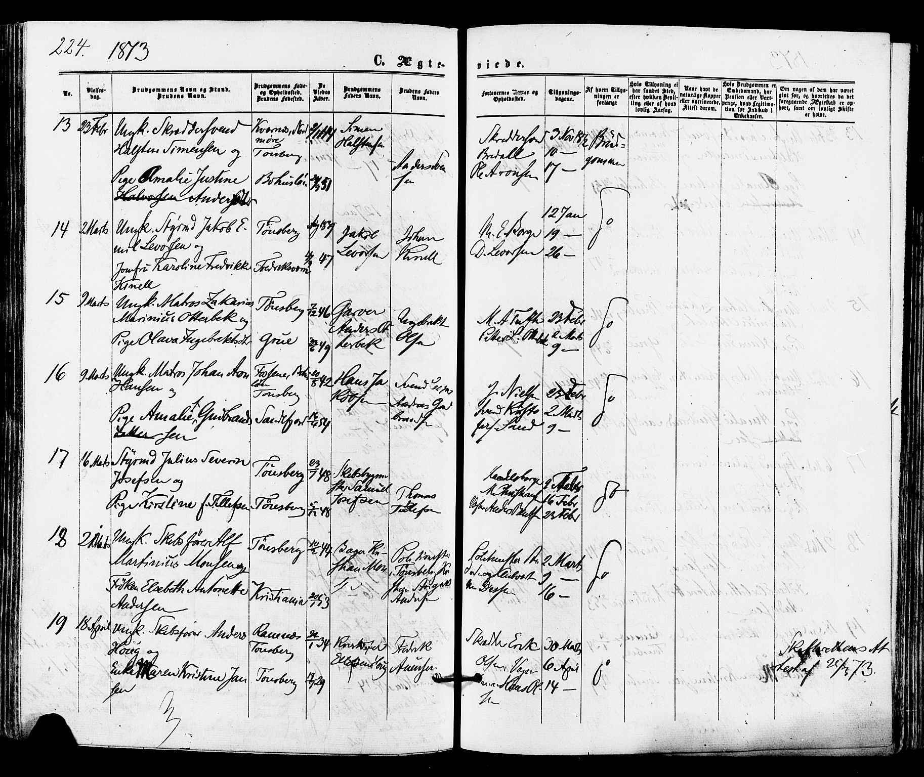 Tønsberg kirkebøker, AV/SAKO-A-330/F/Fa/L0009: Parish register (official) no. I 9, 1865-1873, p. 224