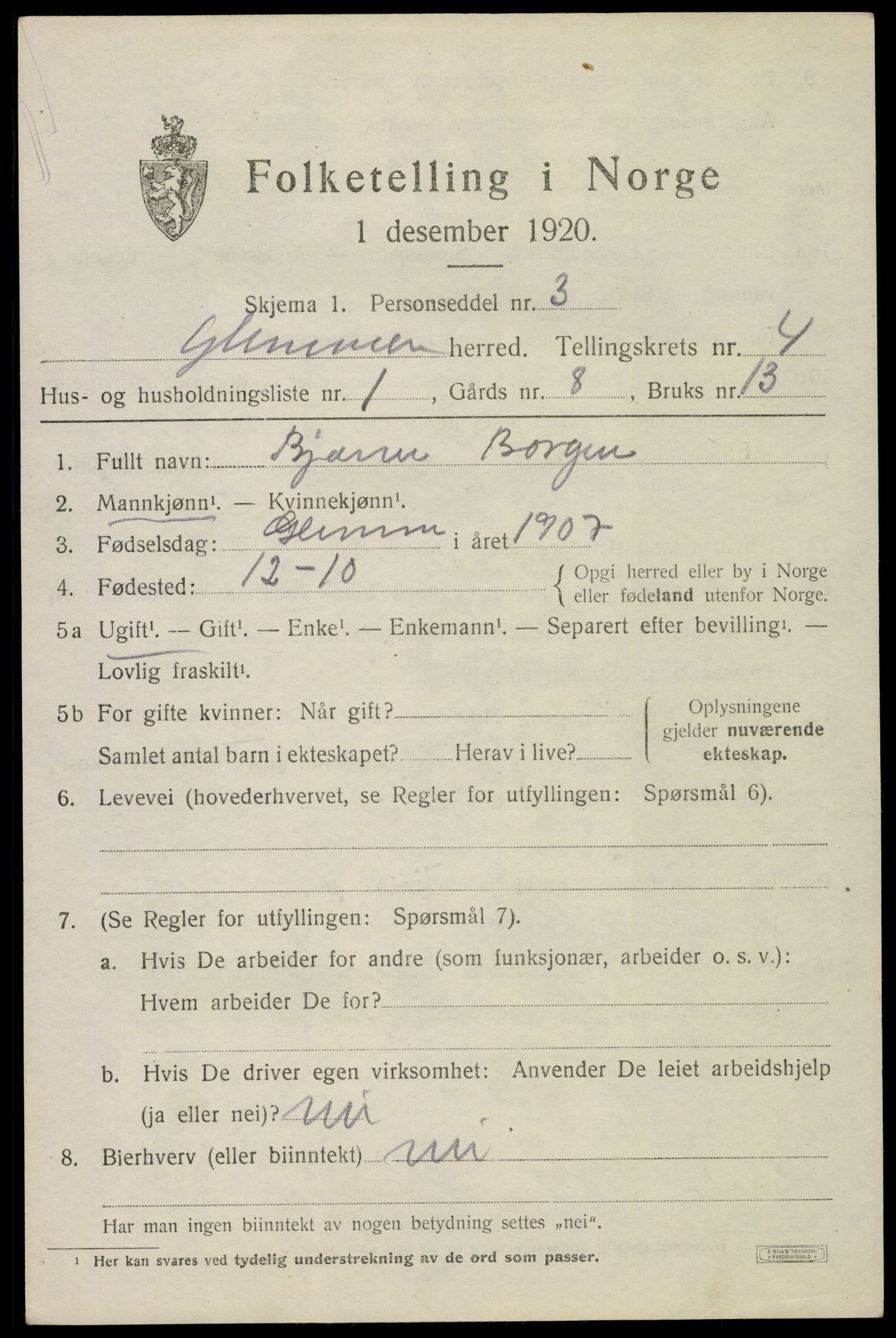 SAO, 1920 census for Glemmen, 1920, p. 10469