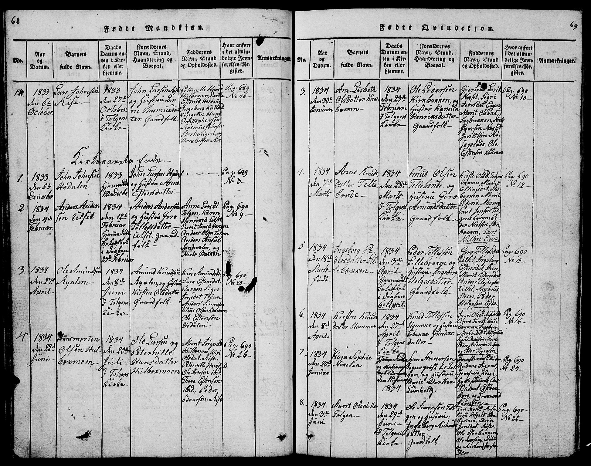 Tolga prestekontor, SAH/PREST-062/L/L0001: Parish register (copy) no. 1, 1814-1877, p. 68-69
