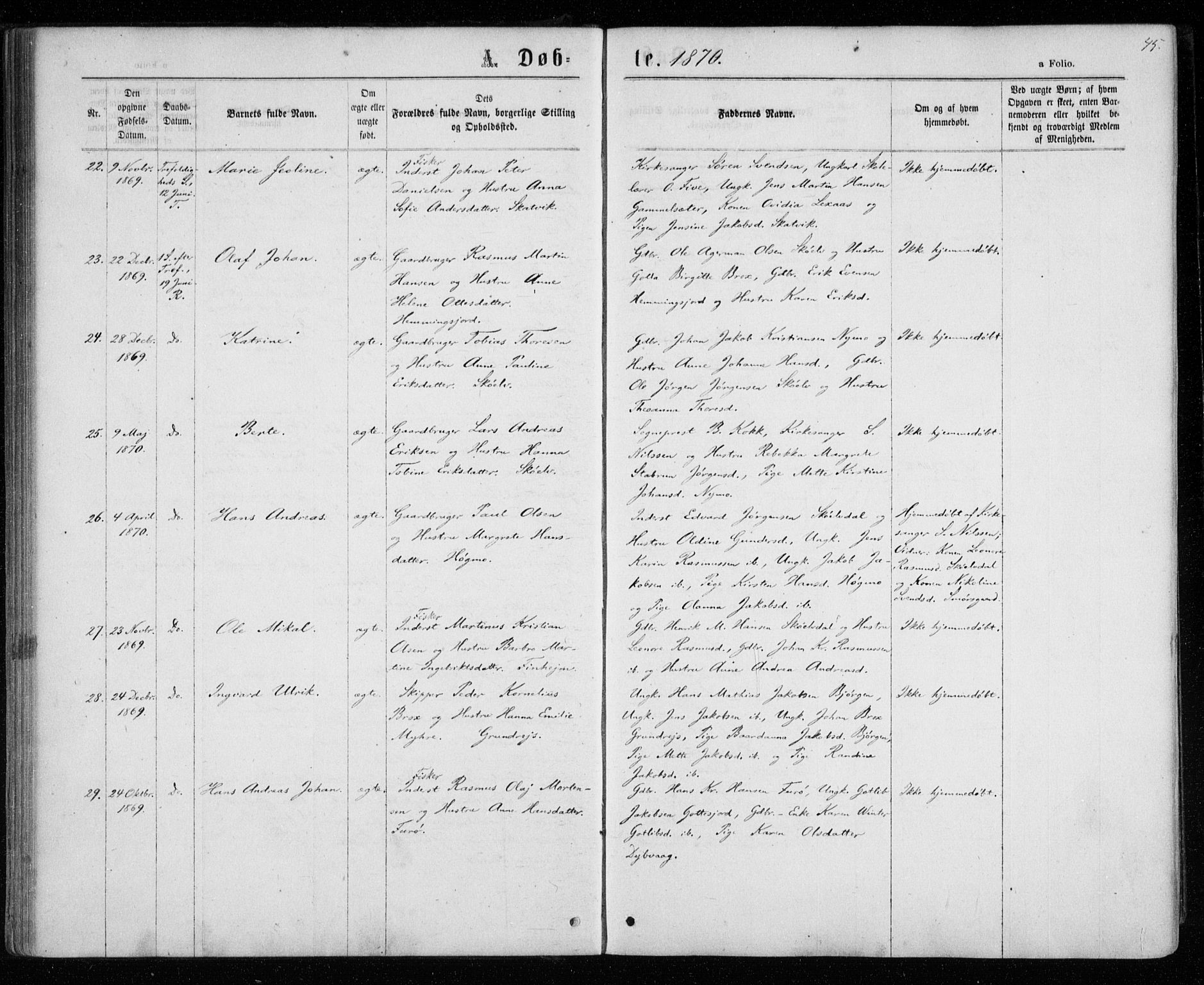 Tranøy sokneprestkontor, AV/SATØ-S-1313/I/Ia/Iaa/L0008kirke: Parish register (official) no. 8, 1867-1877, p. 45