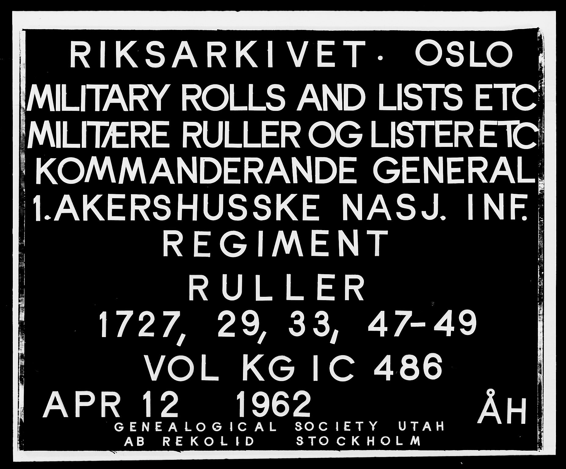 Kommanderende general (KG I) med Det norske krigsdirektorium, RA/EA-5419/E/Ea/L0486: 1. Akershusiske regiment, 1727-1749, p. 1