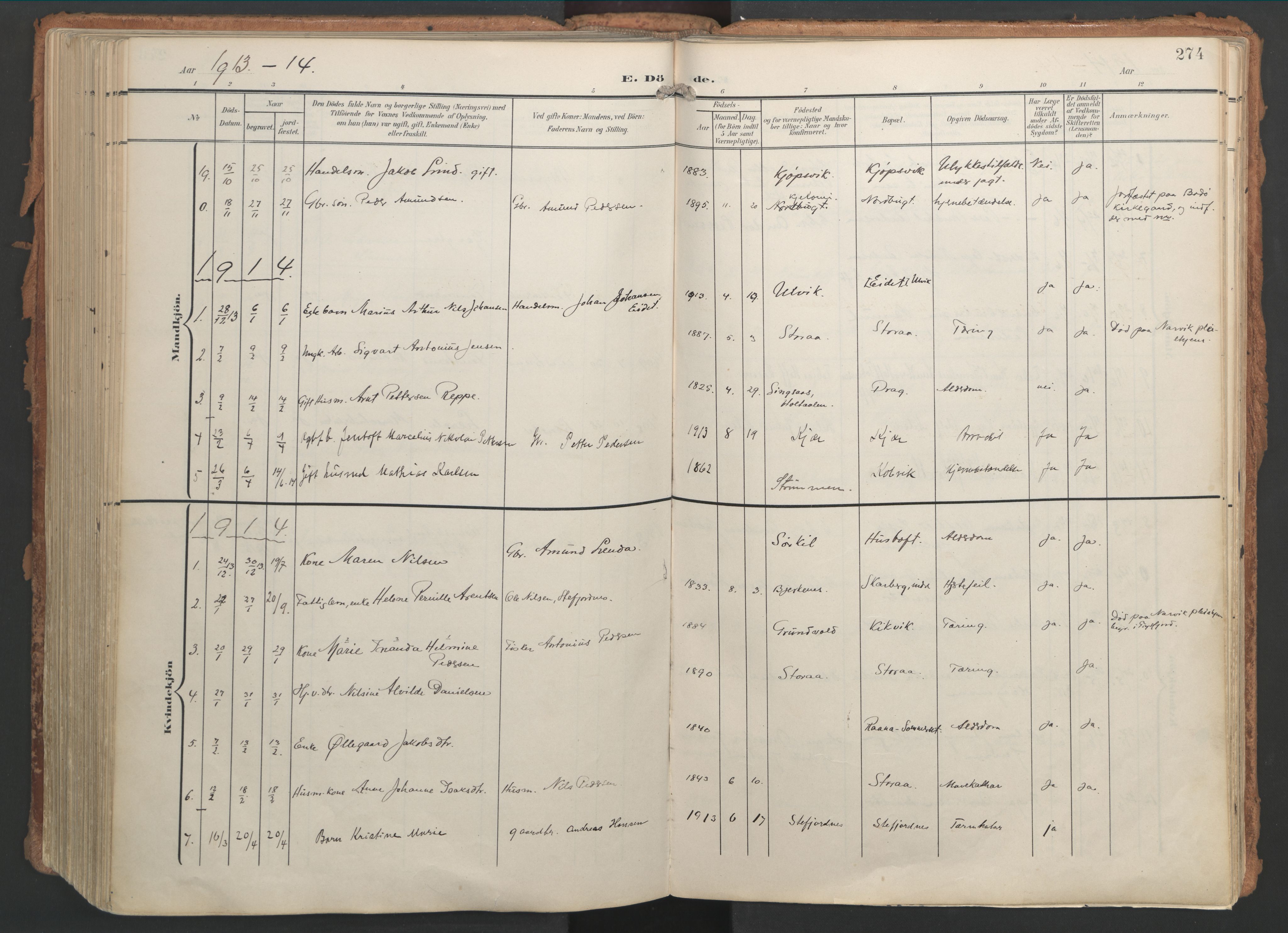 Ministerialprotokoller, klokkerbøker og fødselsregistre - Nordland, AV/SAT-A-1459/861/L0871: Parish register (official) no. 861A06, 1903-1916, p. 274