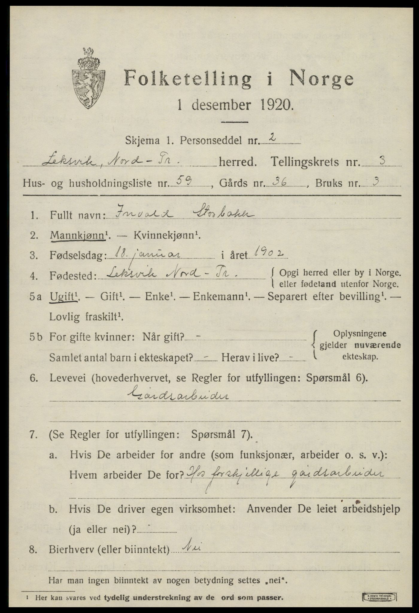 SAT, 1920 census for Leksvik, 1920, p. 3482