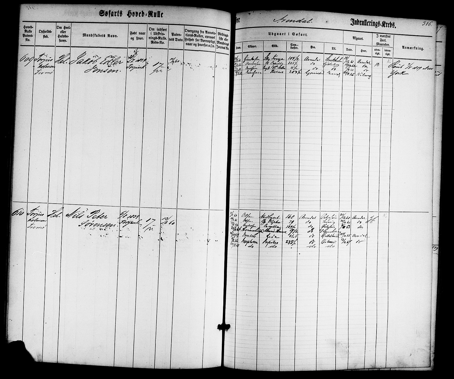 Arendal mønstringskrets, SAK/2031-0012/F/Fb/L0001: Hovedrulle nr 1-766 uten register, E-2, 1860-1868, p. 315