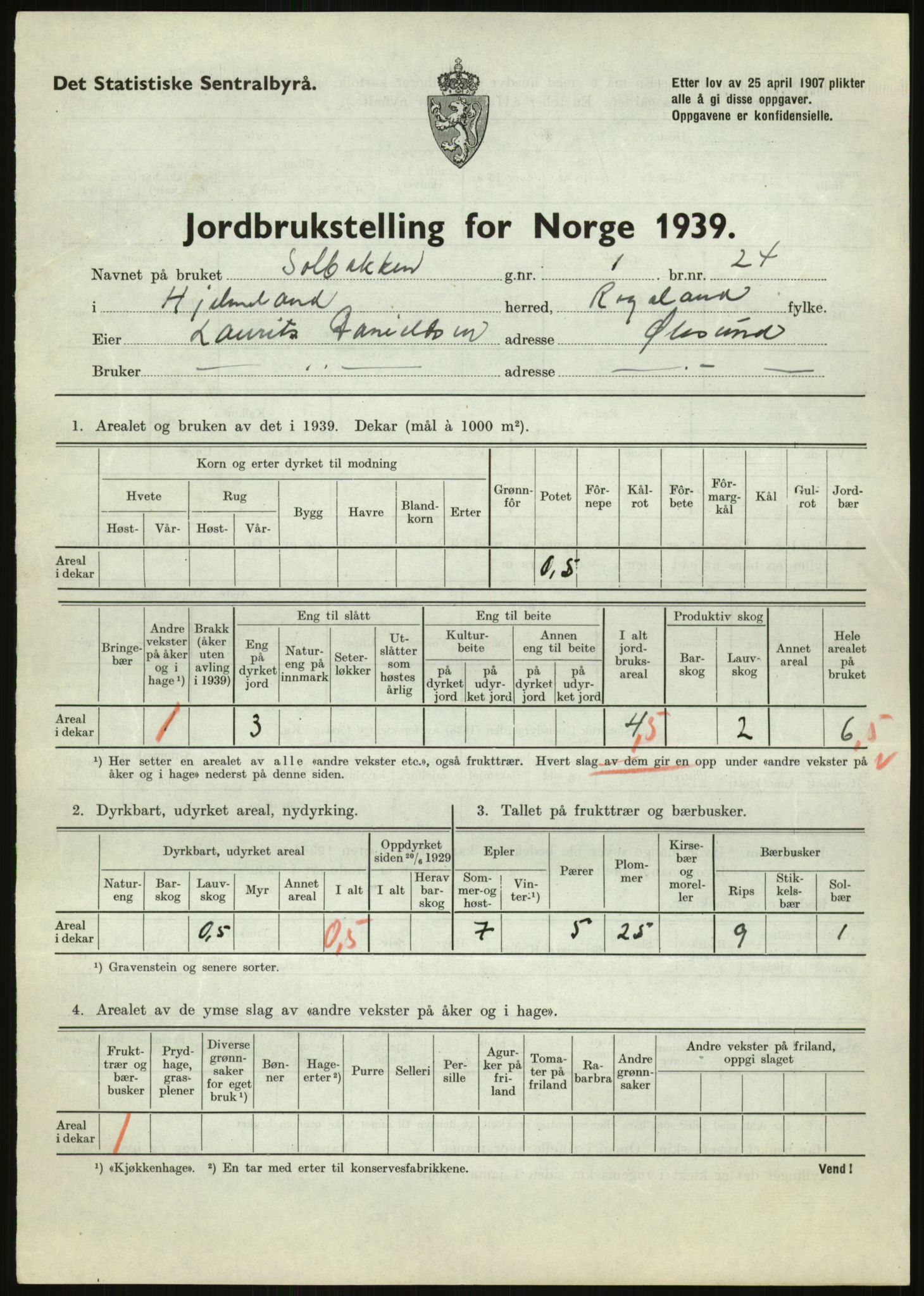 Statistisk sentralbyrå, Næringsøkonomiske emner, Jordbruk, skogbruk, jakt, fiske og fangst, AV/RA-S-2234/G/Gb/L0184: Rogaland: Årdal, Fister og Hjelmeland, 1939, p. 977