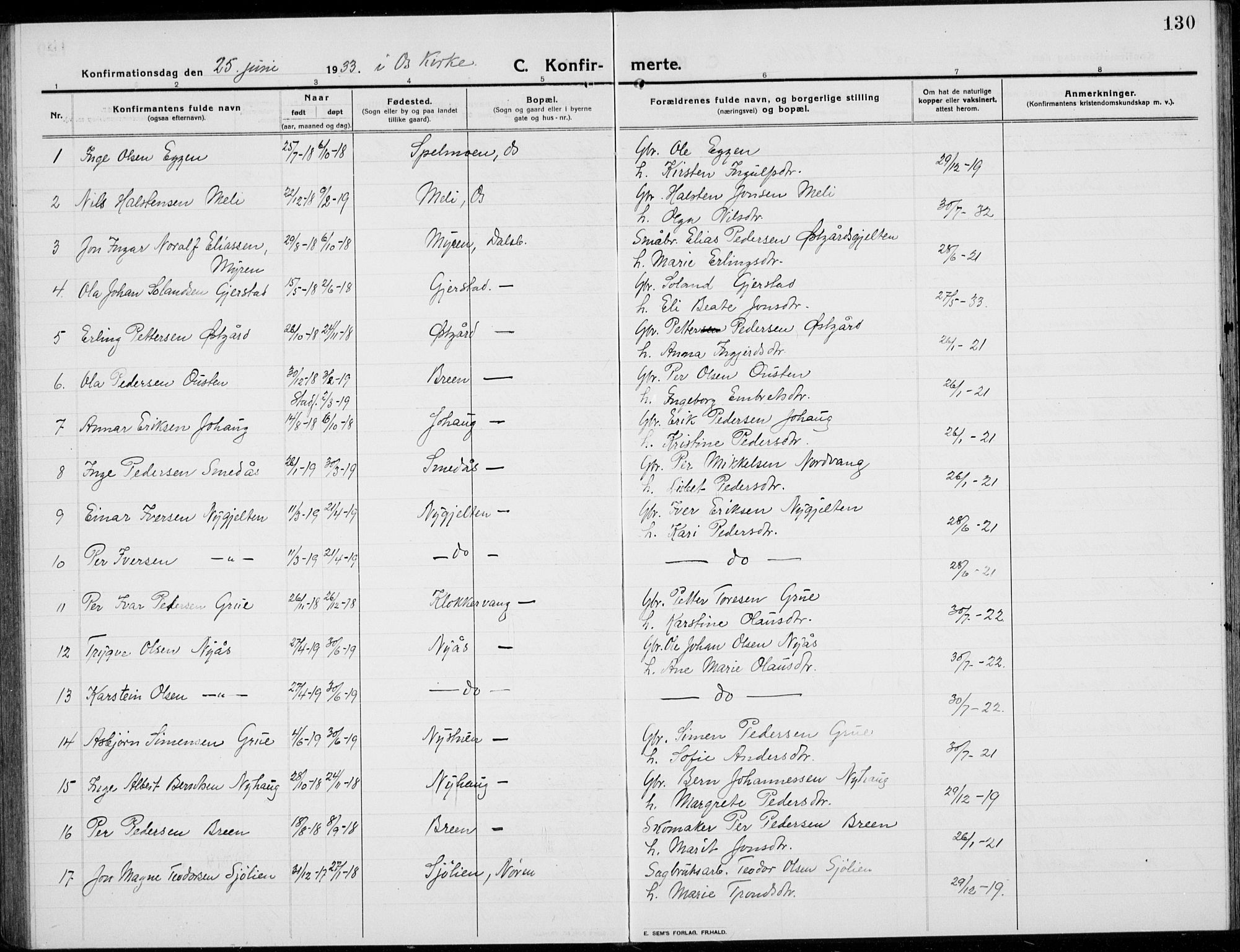 Tolga prestekontor, AV/SAH-PREST-062/L/L0014: Parish register (copy) no. 14, 1913-1936, p. 130