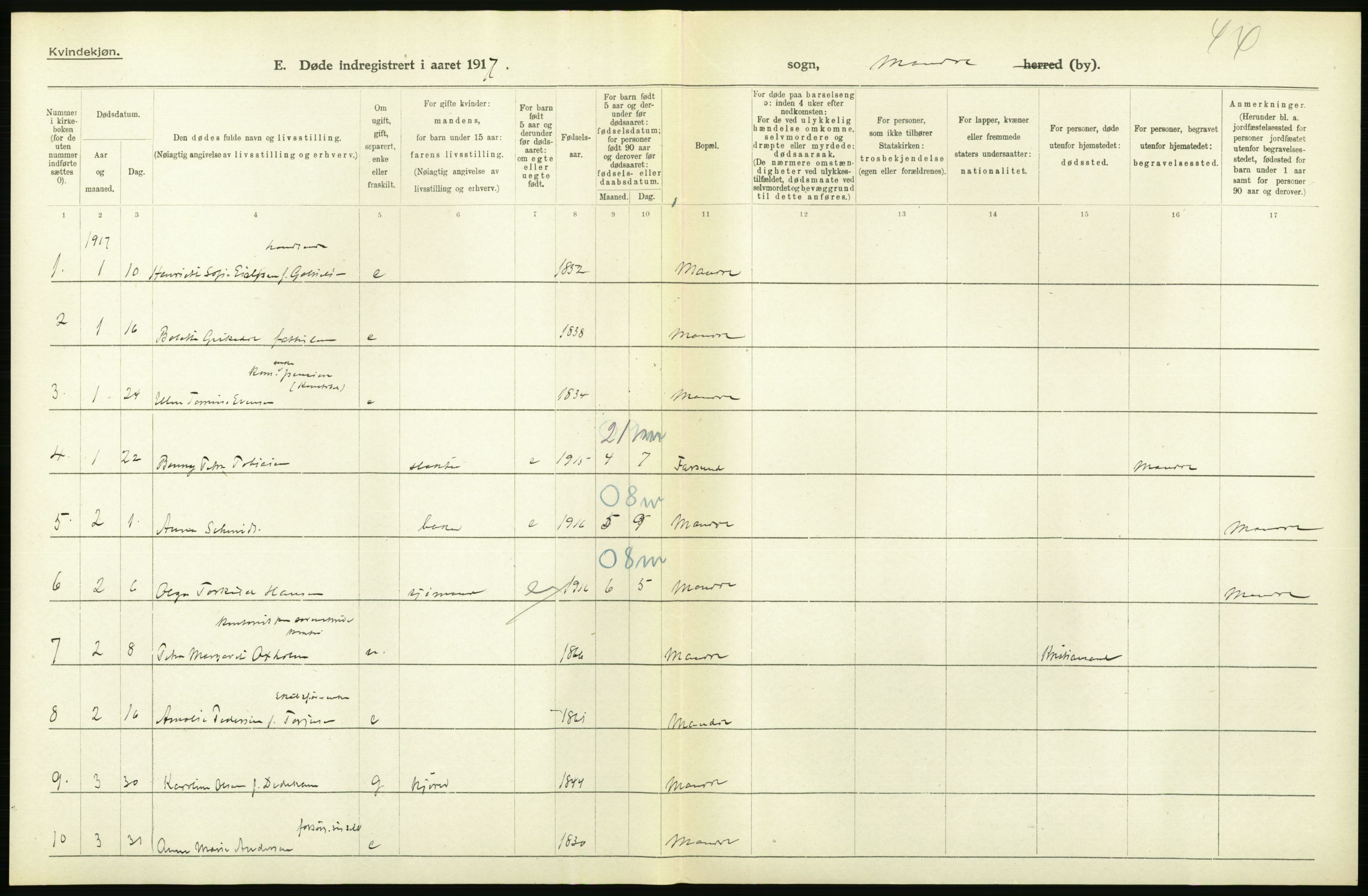 Statistisk sentralbyrå, Sosiodemografiske emner, Befolkning, AV/RA-S-2228/D/Df/Dfb/Dfbg/L0030: Lister og Mandals amt: Gifte, døde, dødfødte. Bygder og byer., 1917, p. 312