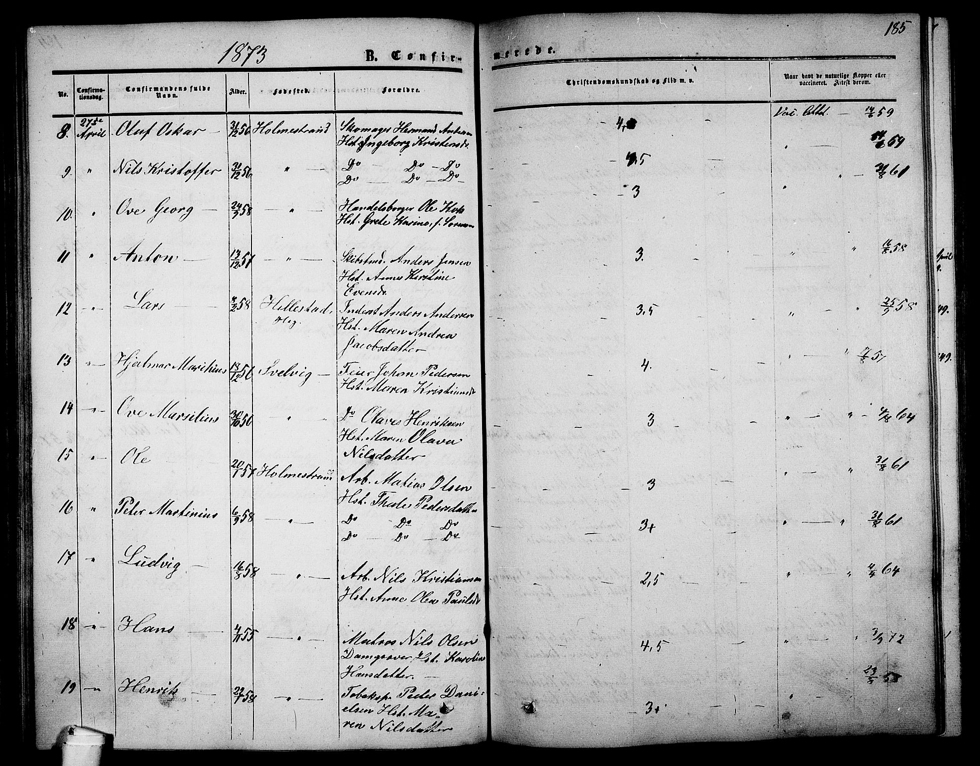 Holmestrand kirkebøker, AV/SAKO-A-346/G/Ga/L0003: Parish register (copy) no. 3, 1849-1874, p. 185