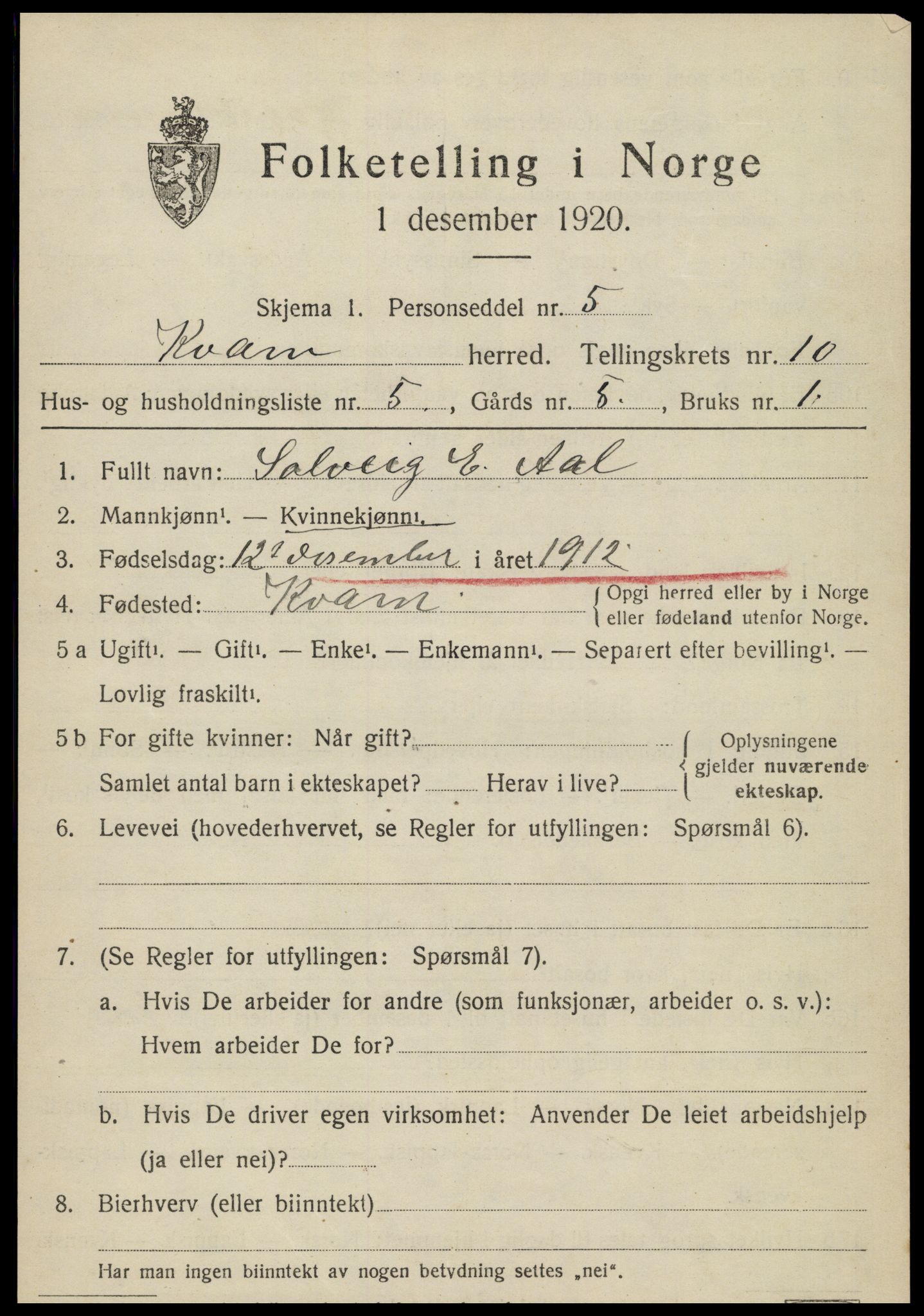 SAT, 1920 census for Kvam, 1920, p. 2555