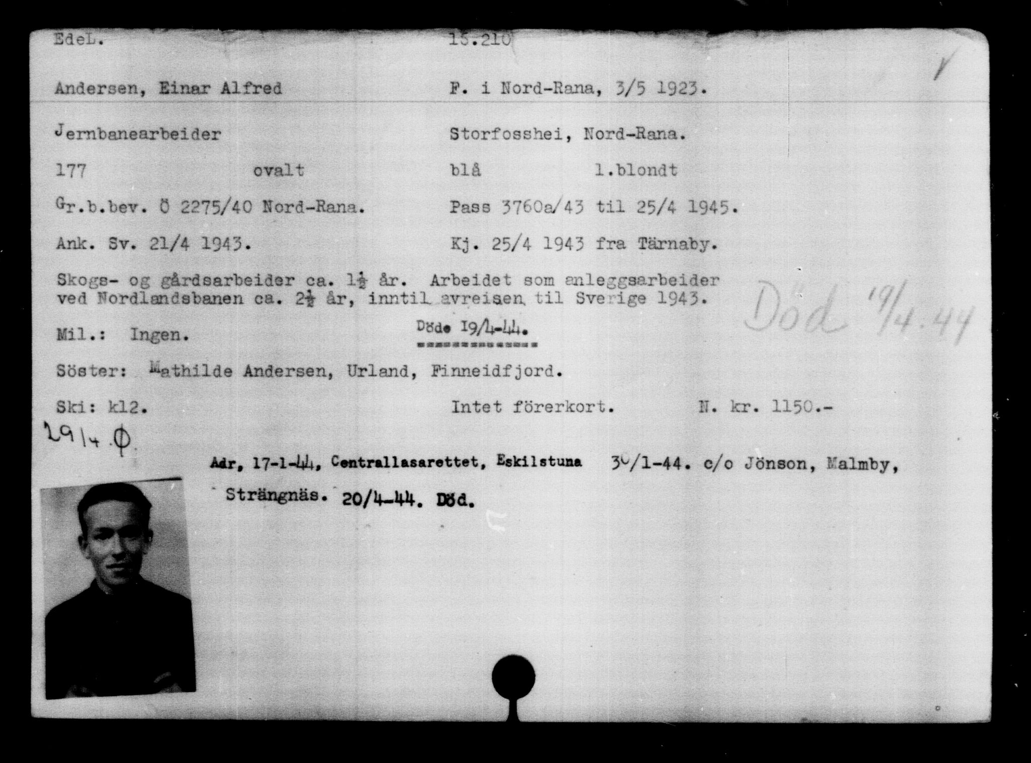 Utenriksstasjonene, Legasjonen i Stockholm, Flyktningkontoret, AV/RA-S-6753/V/Va/L0008: Kjesäterkartoteket, flyktninger med registreringsnr. 15700-18547, 1940-1945, p. 557