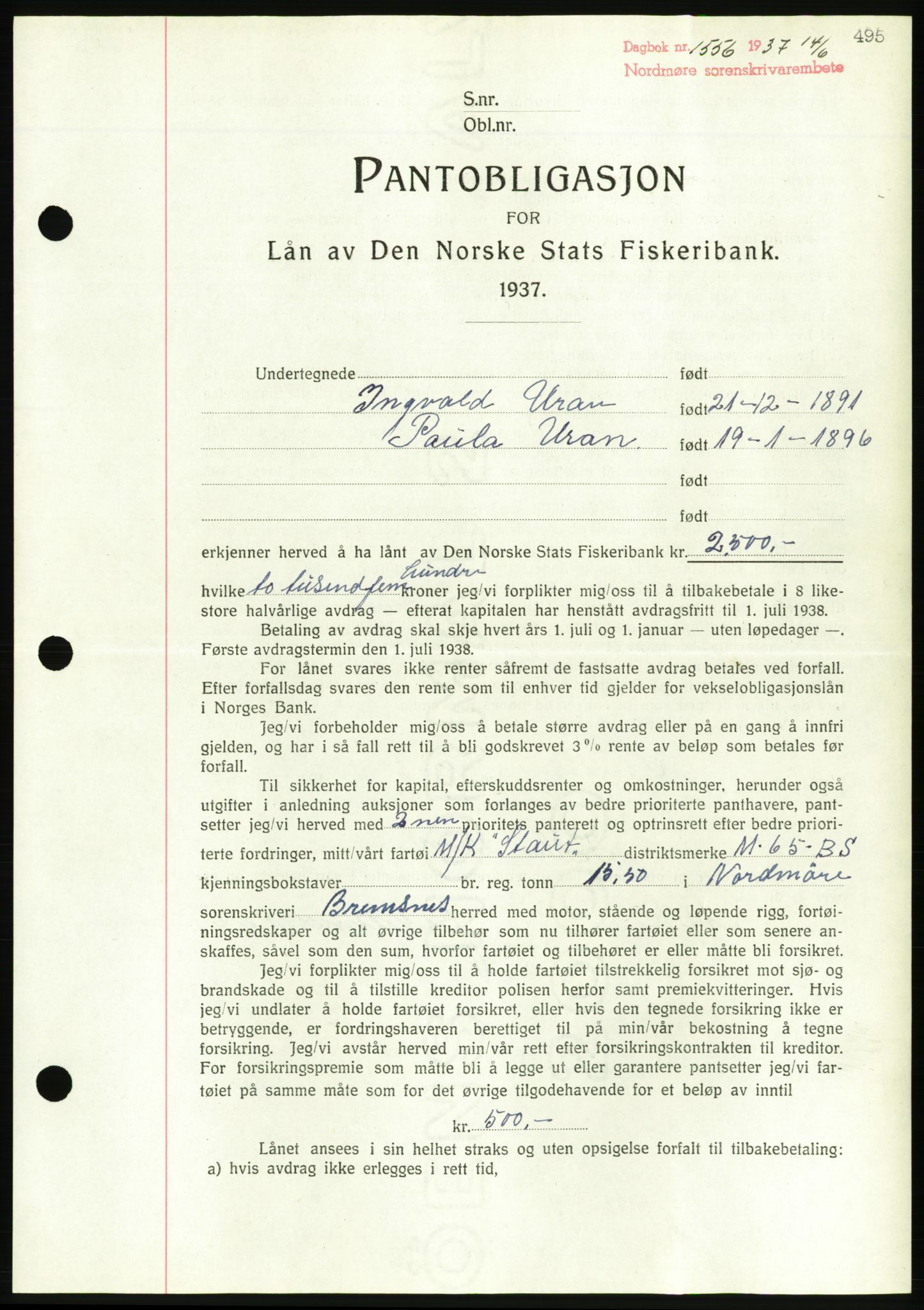 Nordmøre sorenskriveri, AV/SAT-A-4132/1/2/2Ca/L0091: Mortgage book no. B81, 1937-1937, Diary no: : 1556/1937