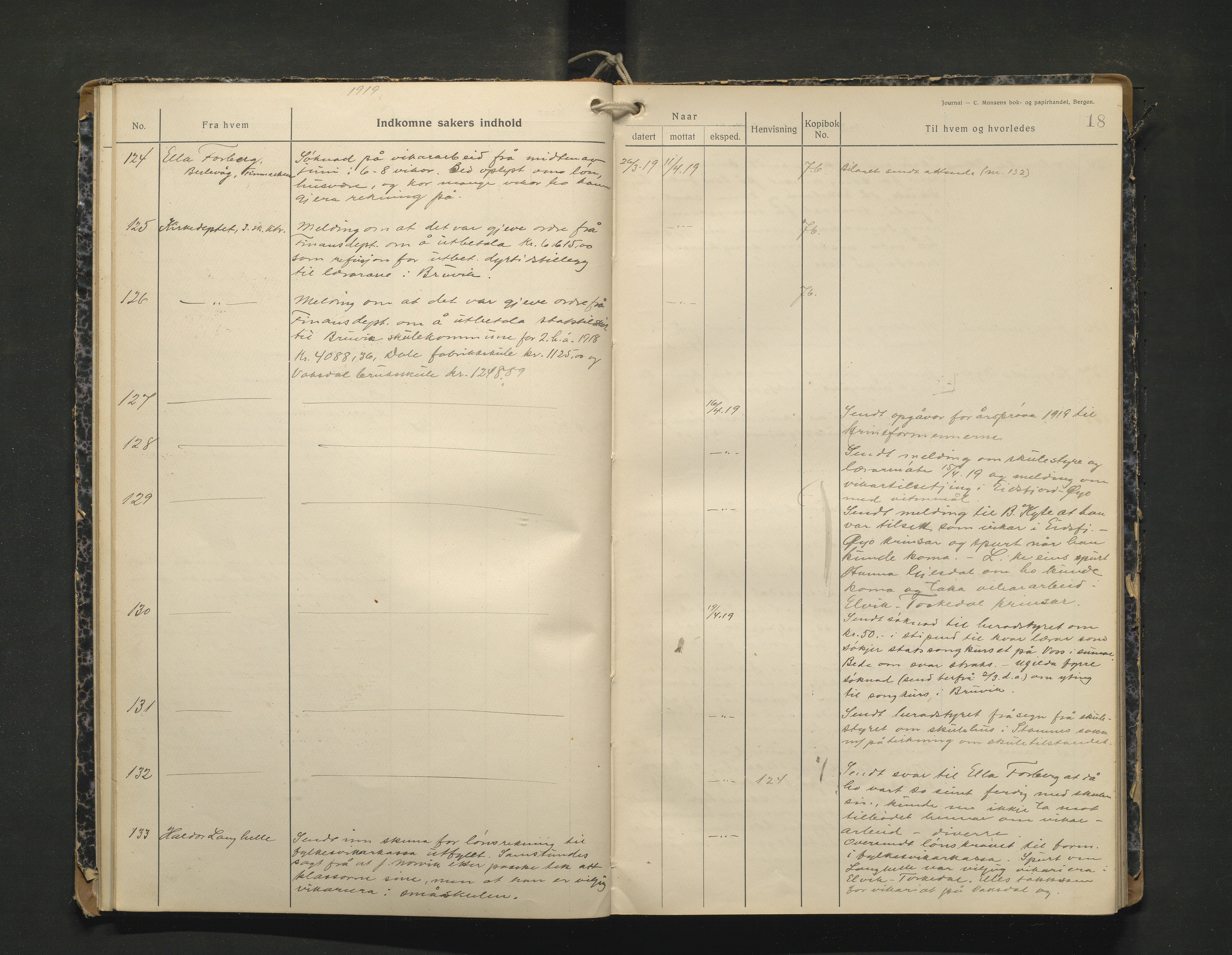 Bruvik kommune. Skulestyre, IKAH/1251a-211/C/Ca/L0003: Postjournal for Bruvik skulestyre, 1918-1920