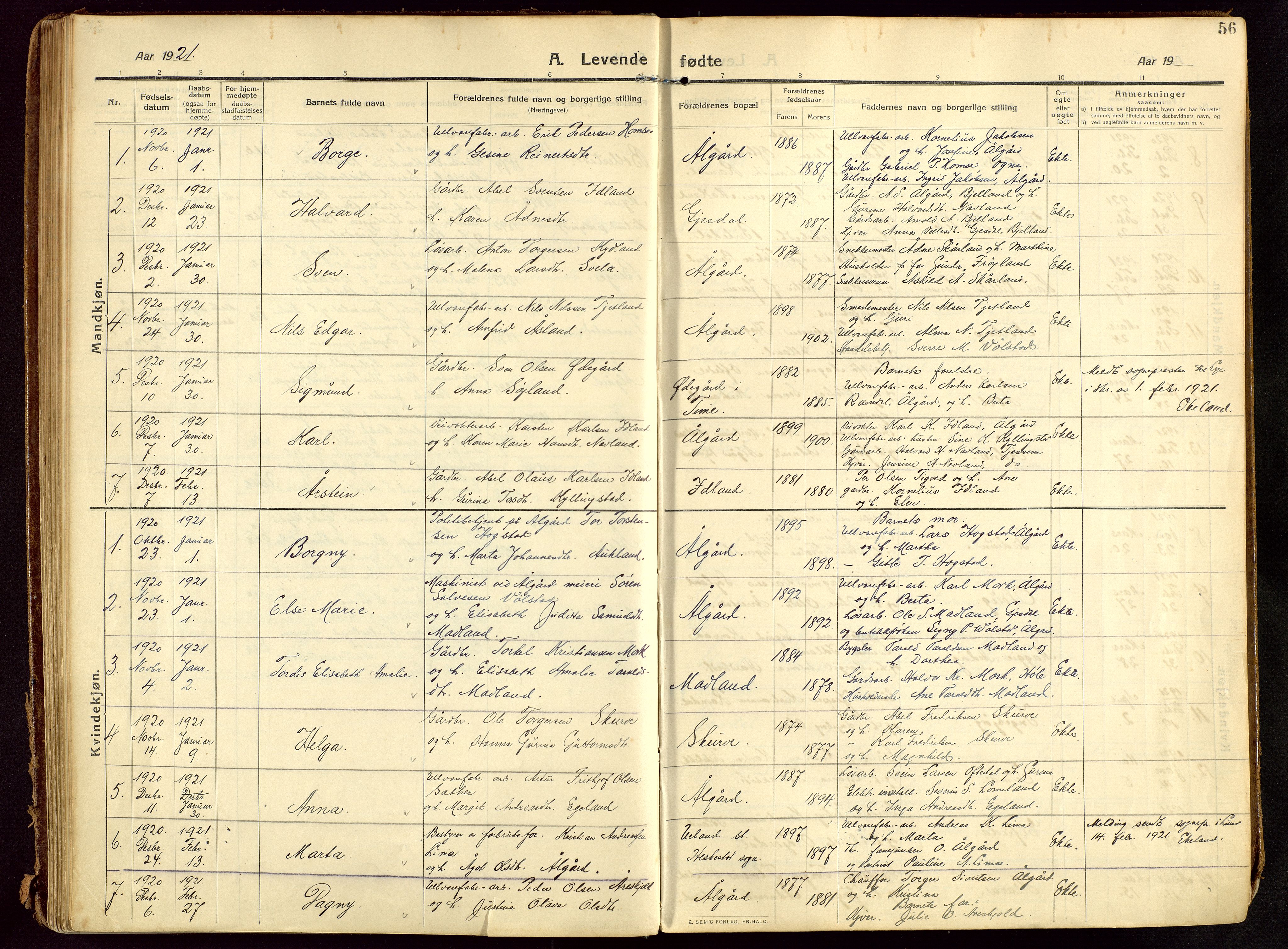 Lye sokneprestkontor, AV/SAST-A-101794/002/B/L0001: Parish register (official) no. A 13, 1910-1925, p. 56