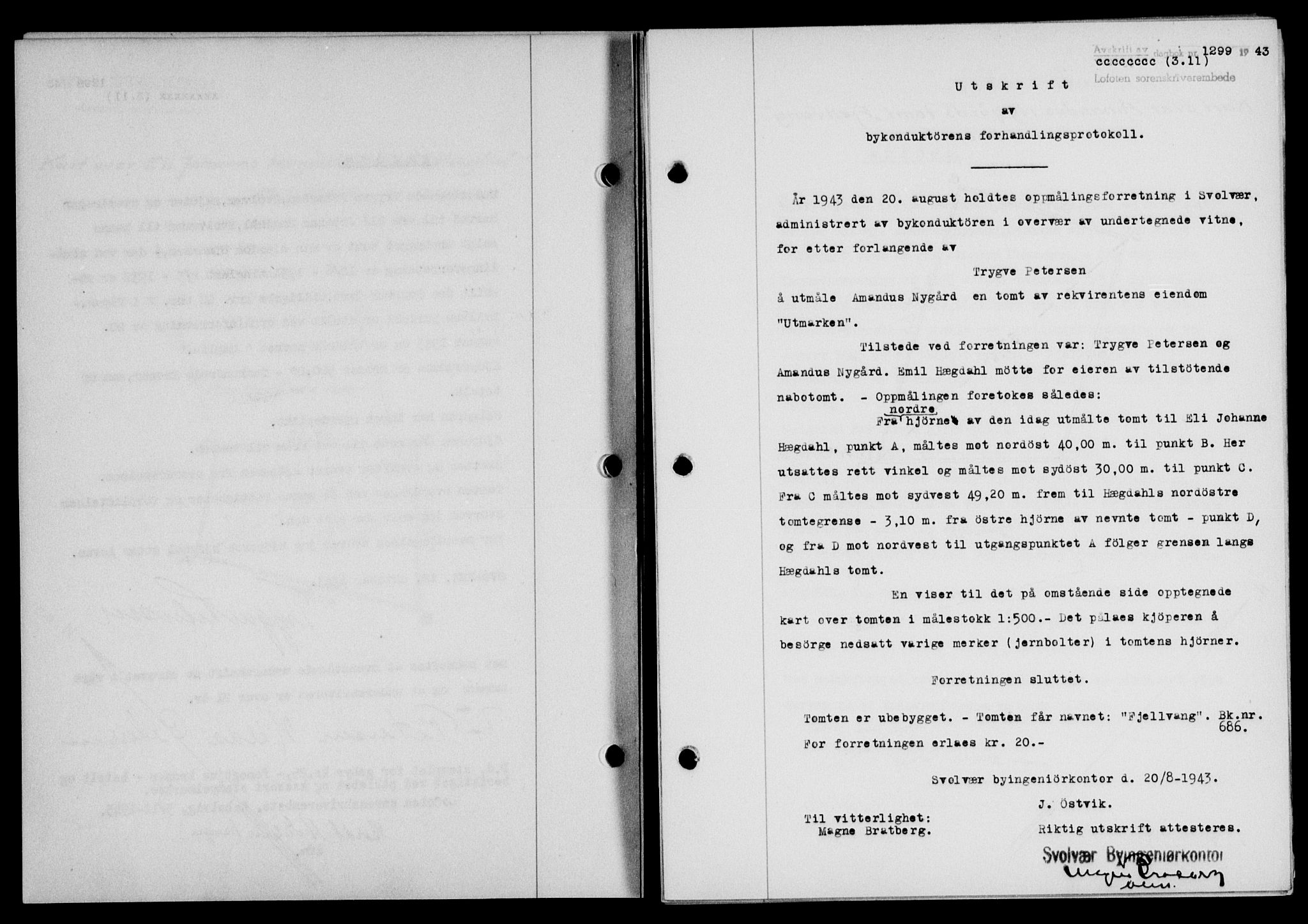 Lofoten sorenskriveri, SAT/A-0017/1/2/2C/L0011a: Mortgage book no. 11a, 1943-1943, Diary no: : 1299/1943