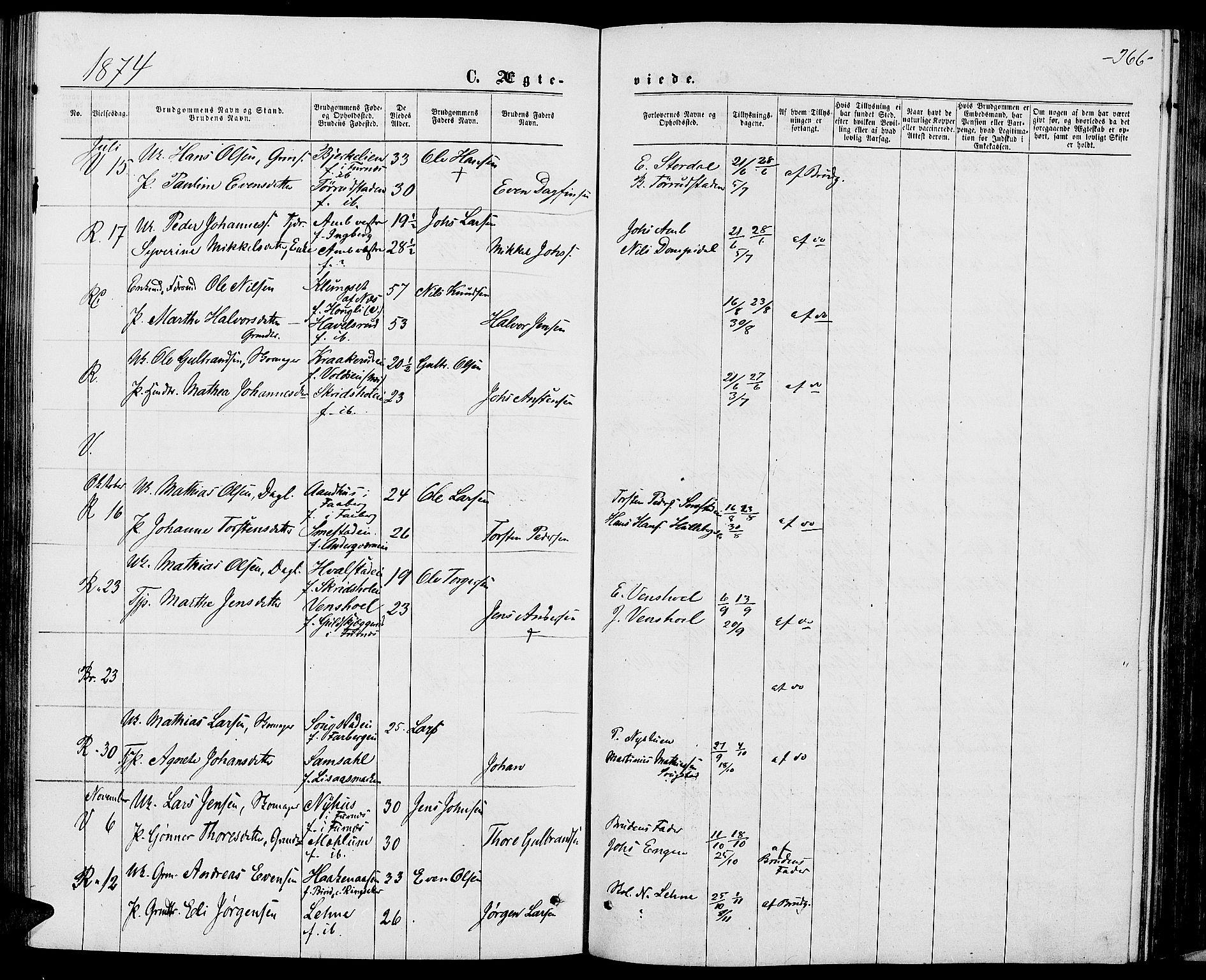 Ringsaker prestekontor, SAH/PREST-014/L/La/L0008: Parish register (copy) no. 8, 1870-1878, p. 366