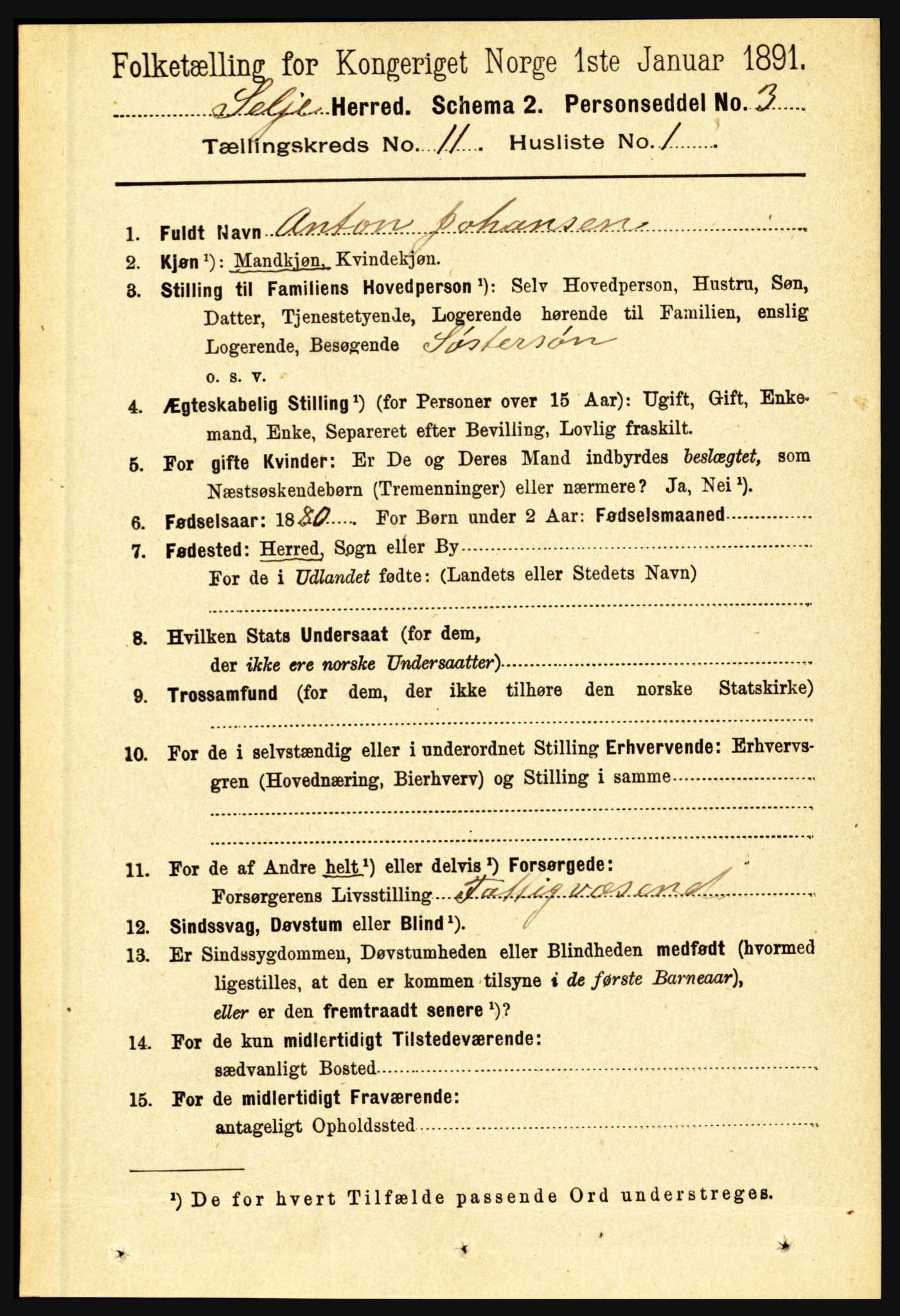 RA, 1891 census for 1441 Selje, 1891, p. 3417