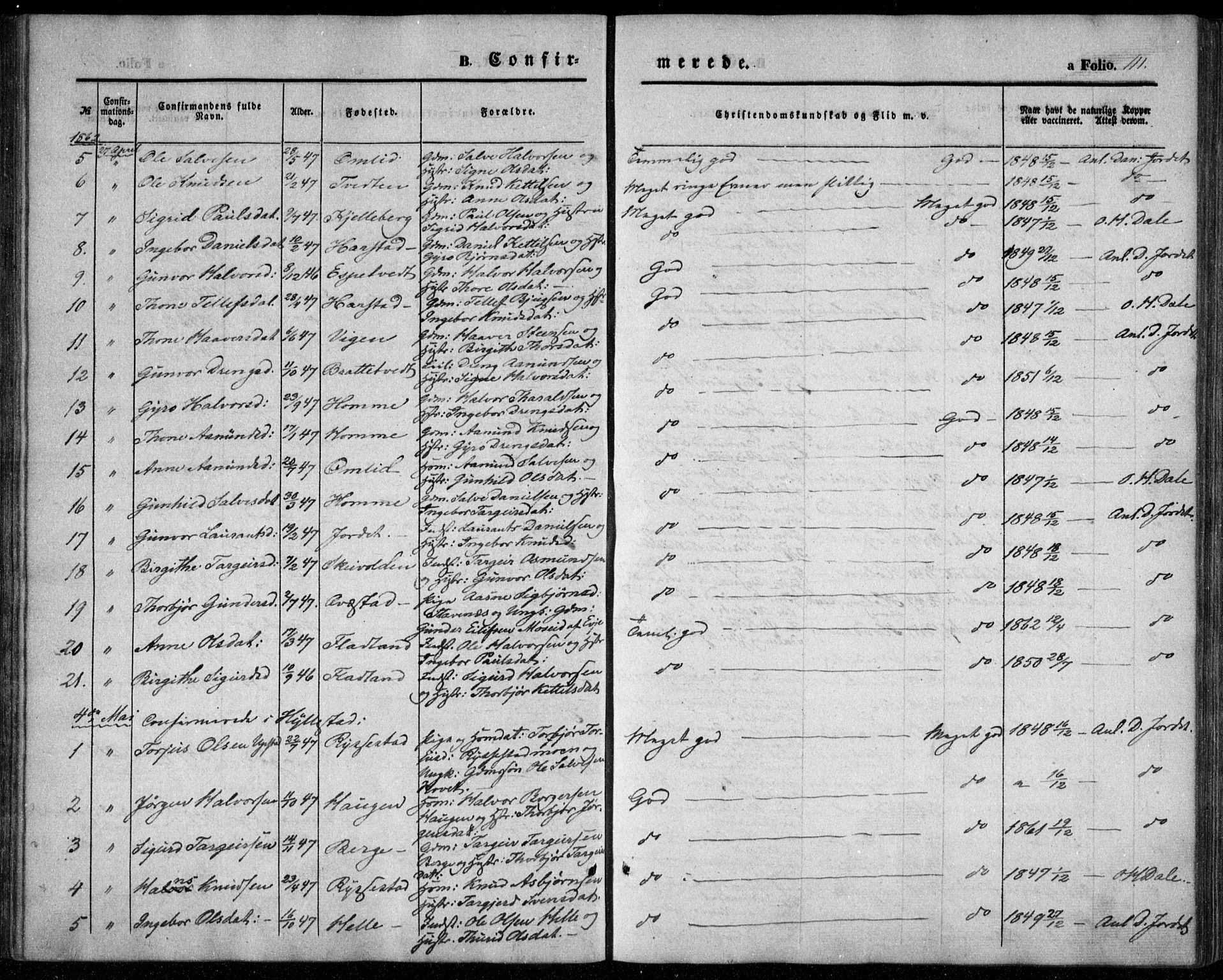 Valle sokneprestkontor, SAK/1111-0044/F/Fa/Fac/L0007: Parish register (official) no. A 7, 1854-1868, p. 111