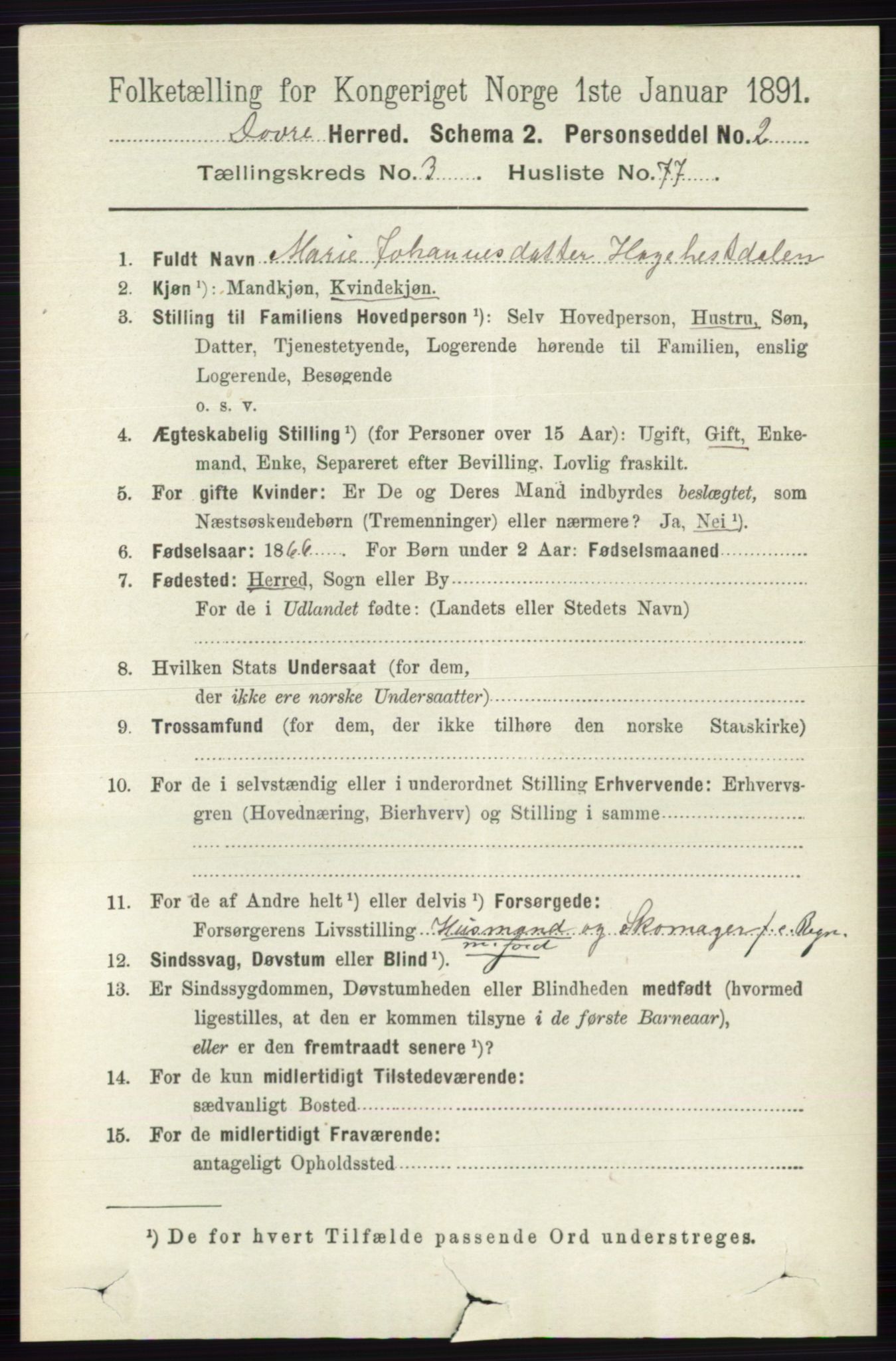RA, 1891 census for 0511 Dovre, 1891, p. 1805