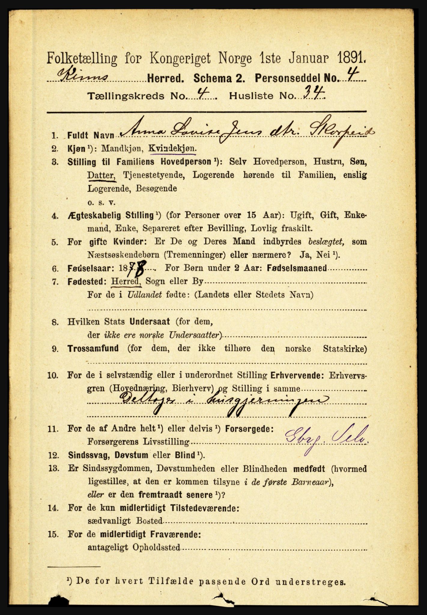 RA, 1891 census for 1437 Kinn, 1891, p. 1516