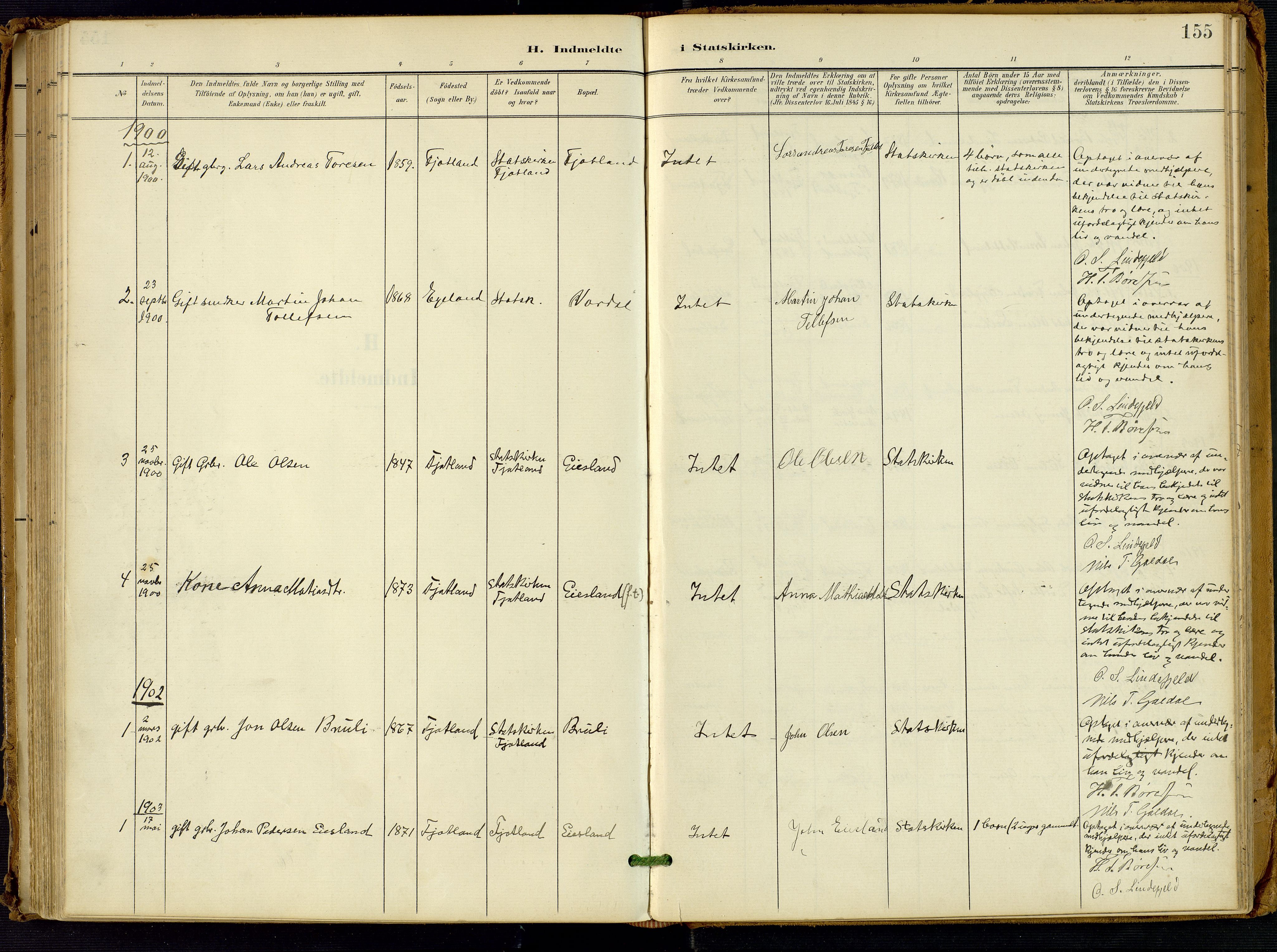 Fjotland sokneprestkontor, AV/SAK-1111-0010/F/Fa/L0003: Parish register (official) no. A 3, 1899-1917, p. 155